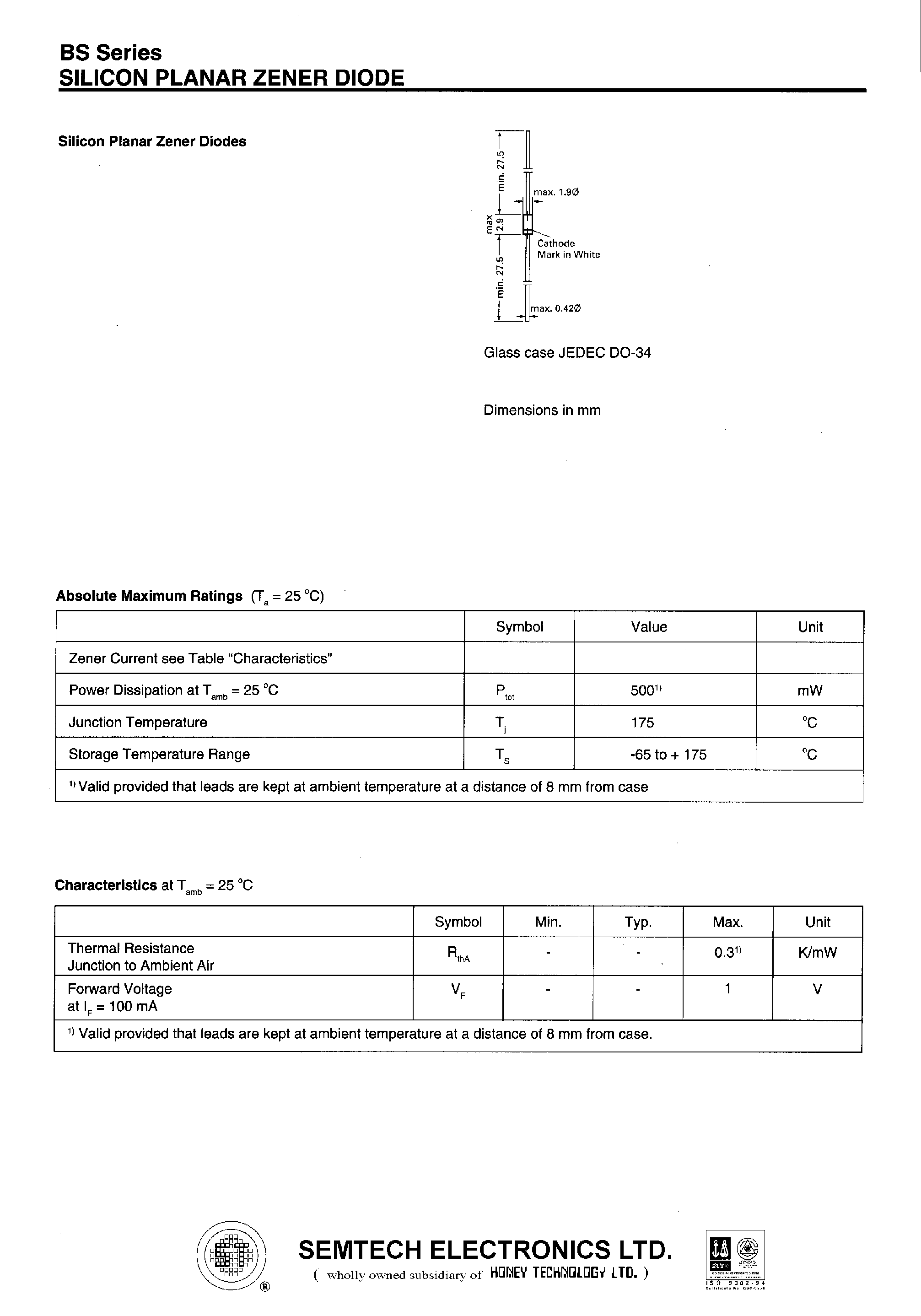 Datasheet 3.6BS - SILICON PLANAR ZENER DIODE page 1