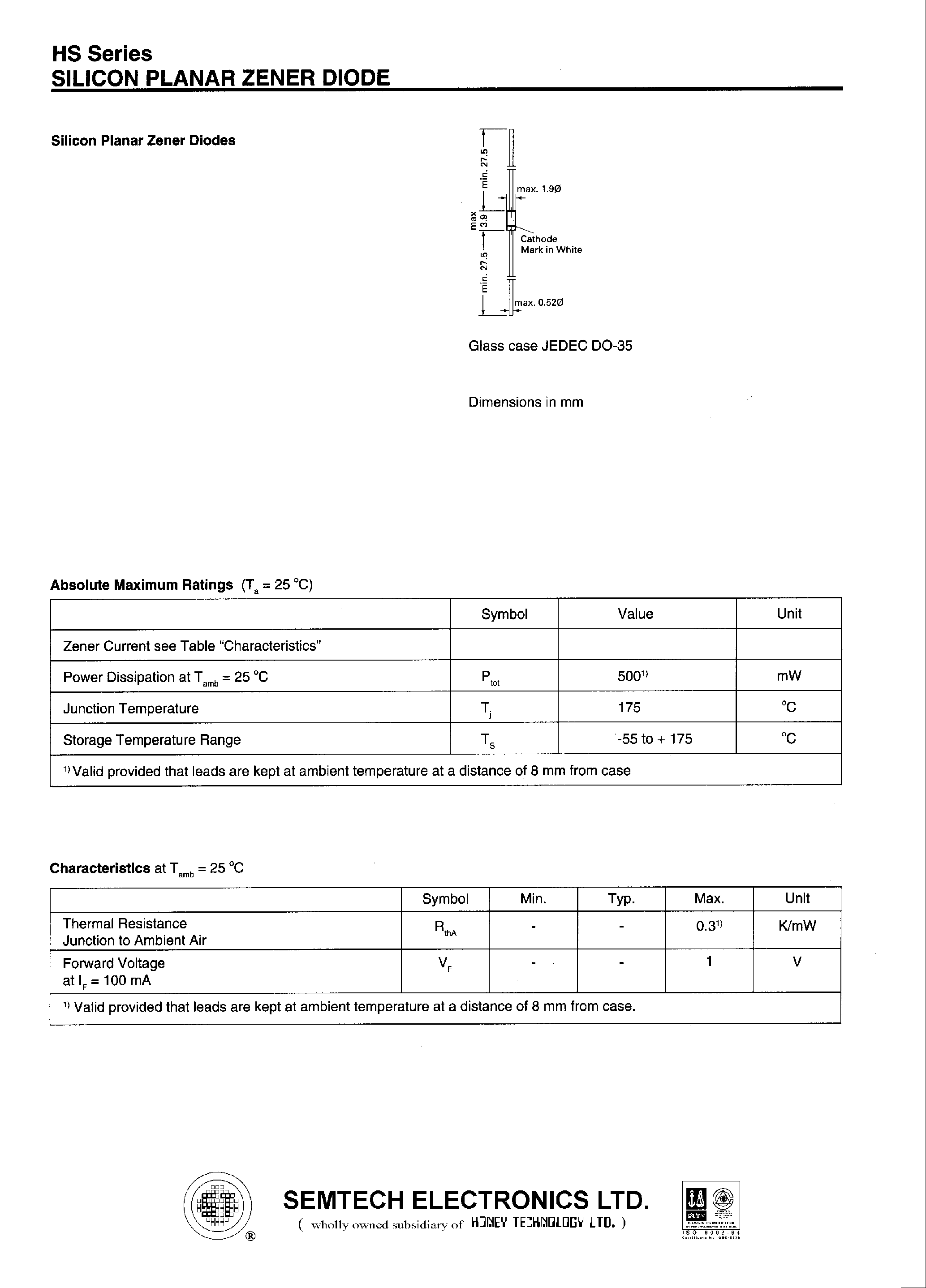 Datasheet 3.6HS - SILICON PLANAR ZENER DIODE page 1