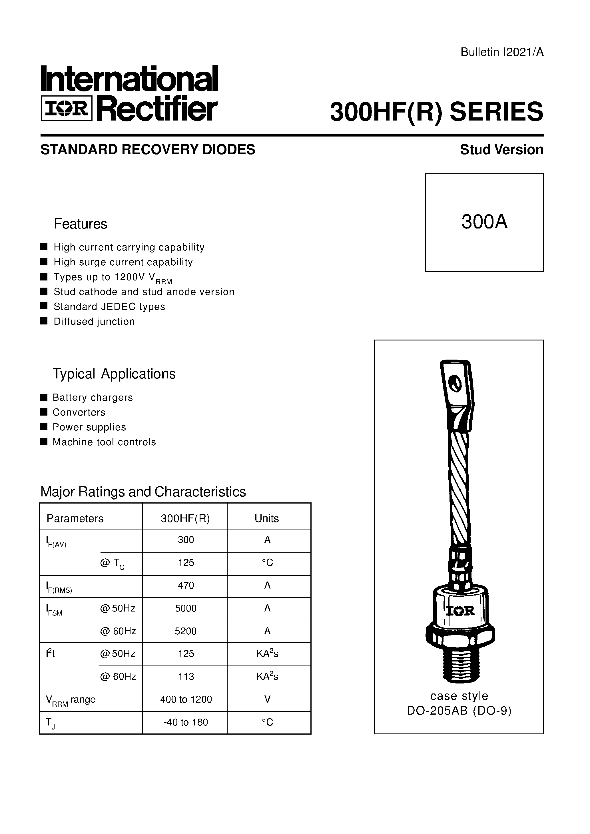 Даташит 300HF - STANDARD RECOVERY DIODES Stud Version страница 1