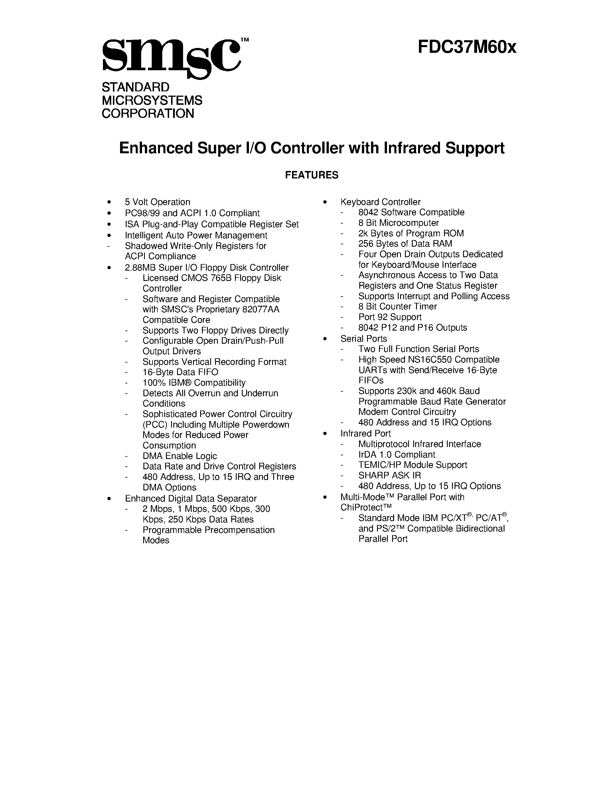 Datasheet 37M602 - ENHANCED SUPER I/O CONTROLLER WITH INFRARED SUPPORT page 1