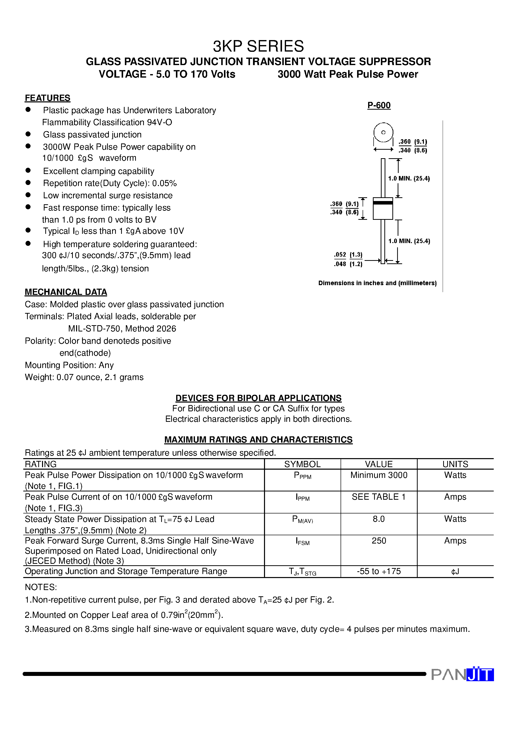 Даташит 3KP5.0 - GLASS PASSIVATED JUNCTION TRANSIENT VOLTAGE SUPPRESSOR(VOLTAGE - 5.0 TO 170 Volts 3000 Watt Peak Pulse Power) страница 1