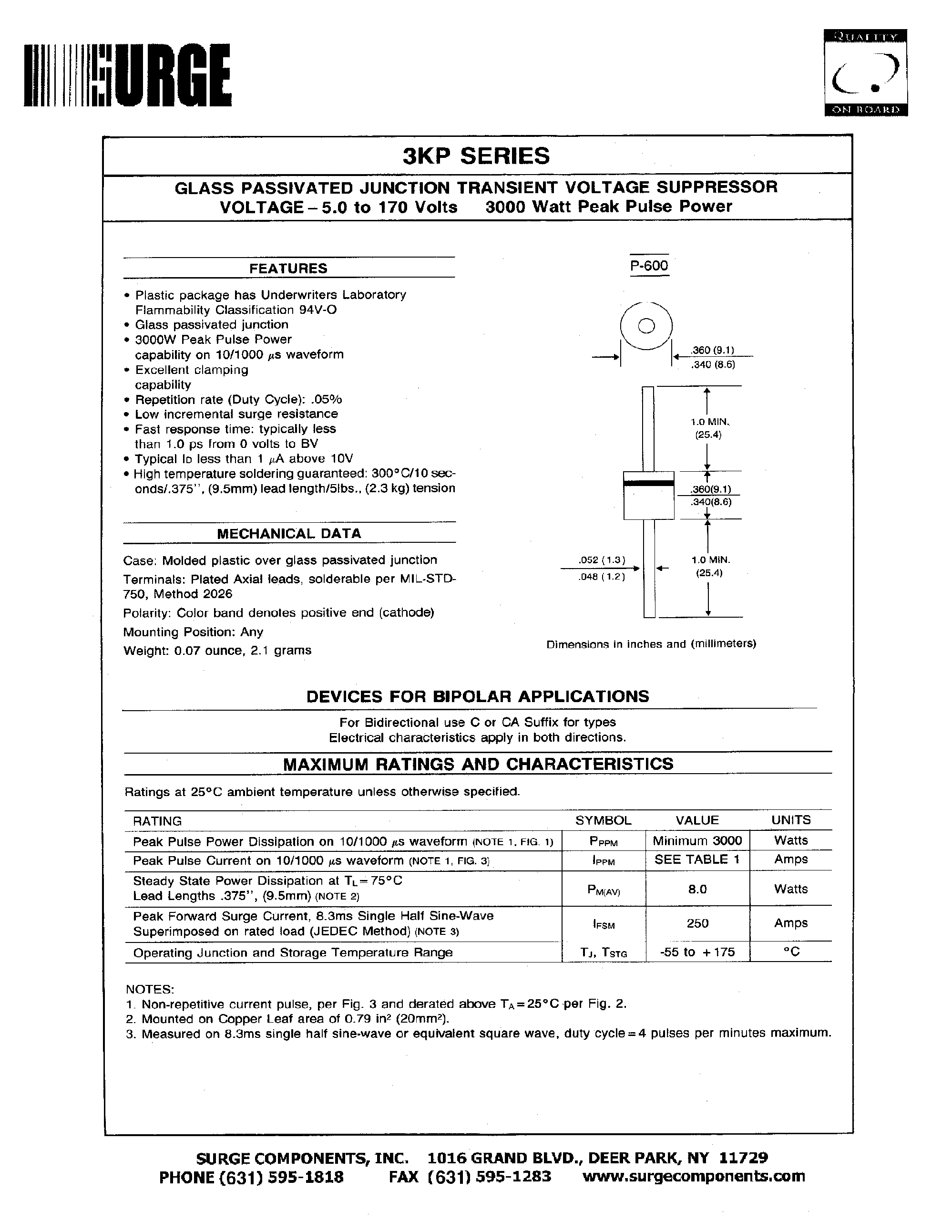 Даташит 3KP5.0 - GLASS PASSIVATED JUNCTION TRANSIENT VOLTAGE SUPPRESSOR VOLTAGE-5.0 to 170 Volts страница 1