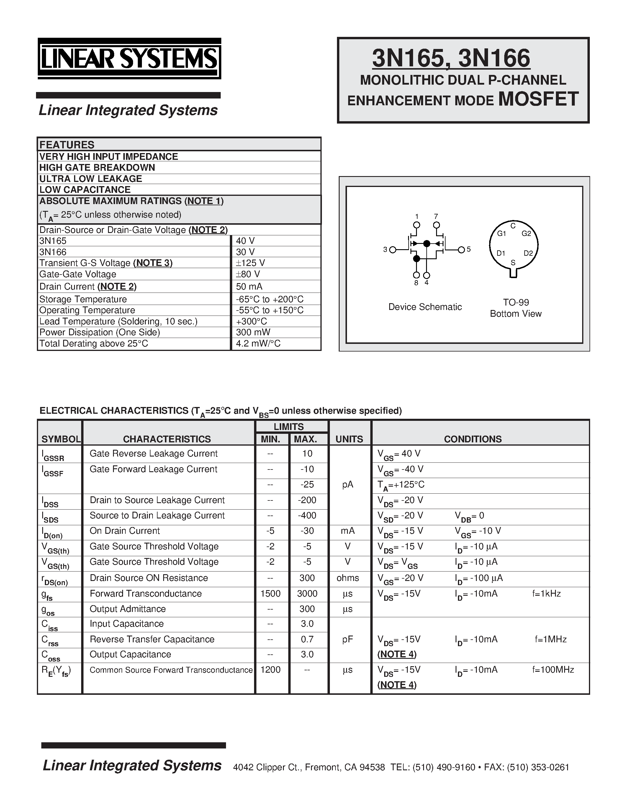 Даташит 3N165-6 - MONOLITHIC DUAL P-CHANNEL ENHANCEMENT MODE MOSFET страница 1