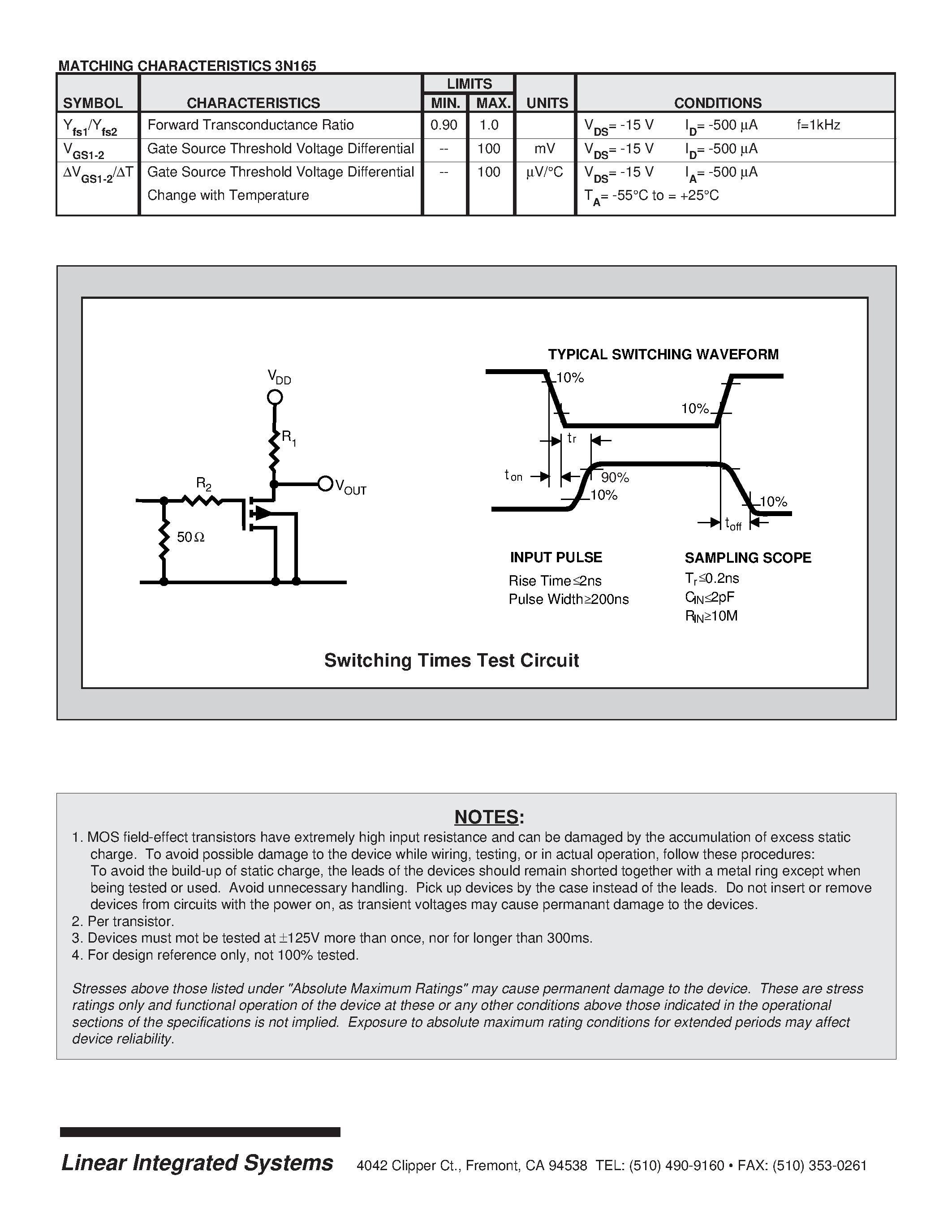 Даташит 3N165-6 - MONOLITHIC DUAL P-CHANNEL ENHANCEMENT MODE MOSFET страница 2