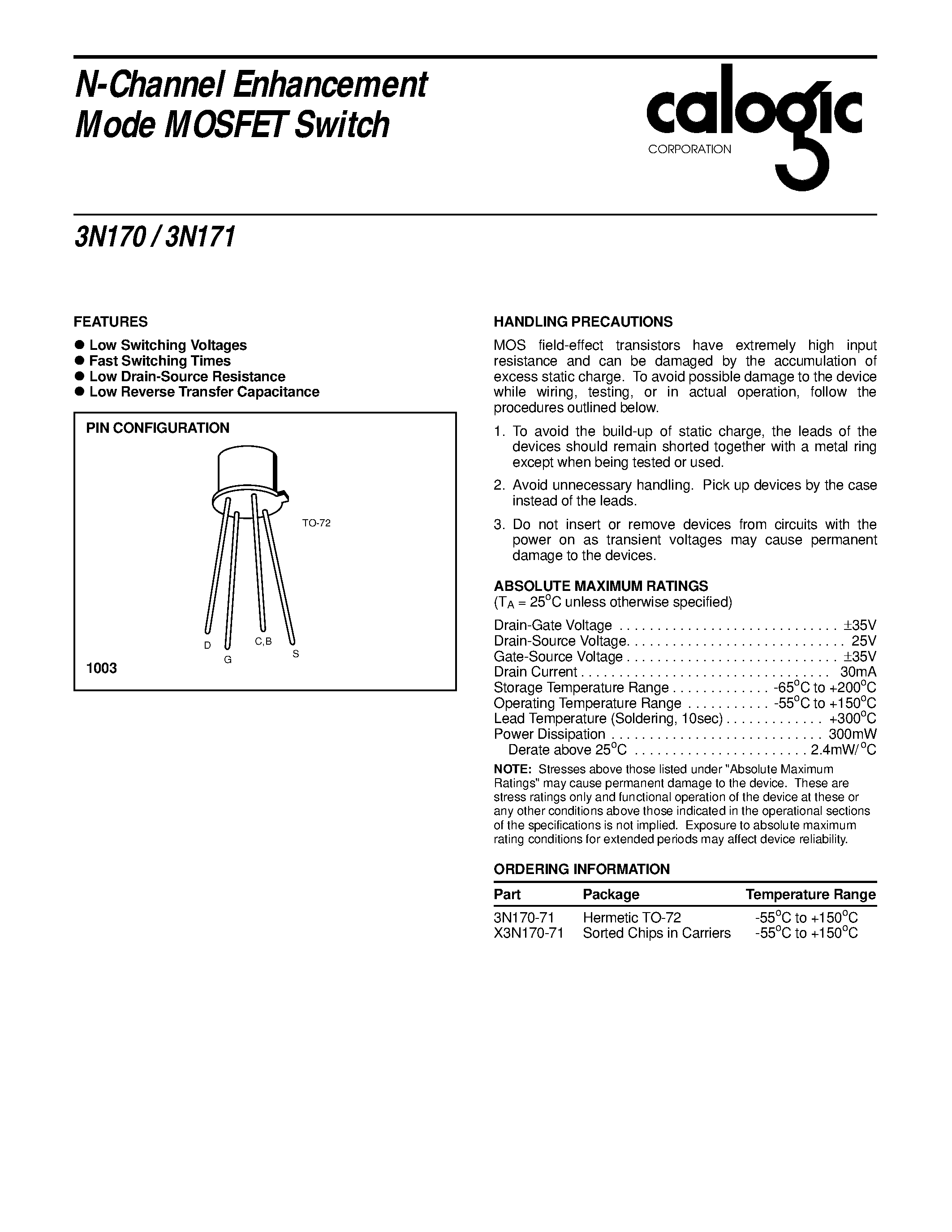 Даташит 3N170-71 - N-Channel Enhancement Mode MOSFET Switch страница 1