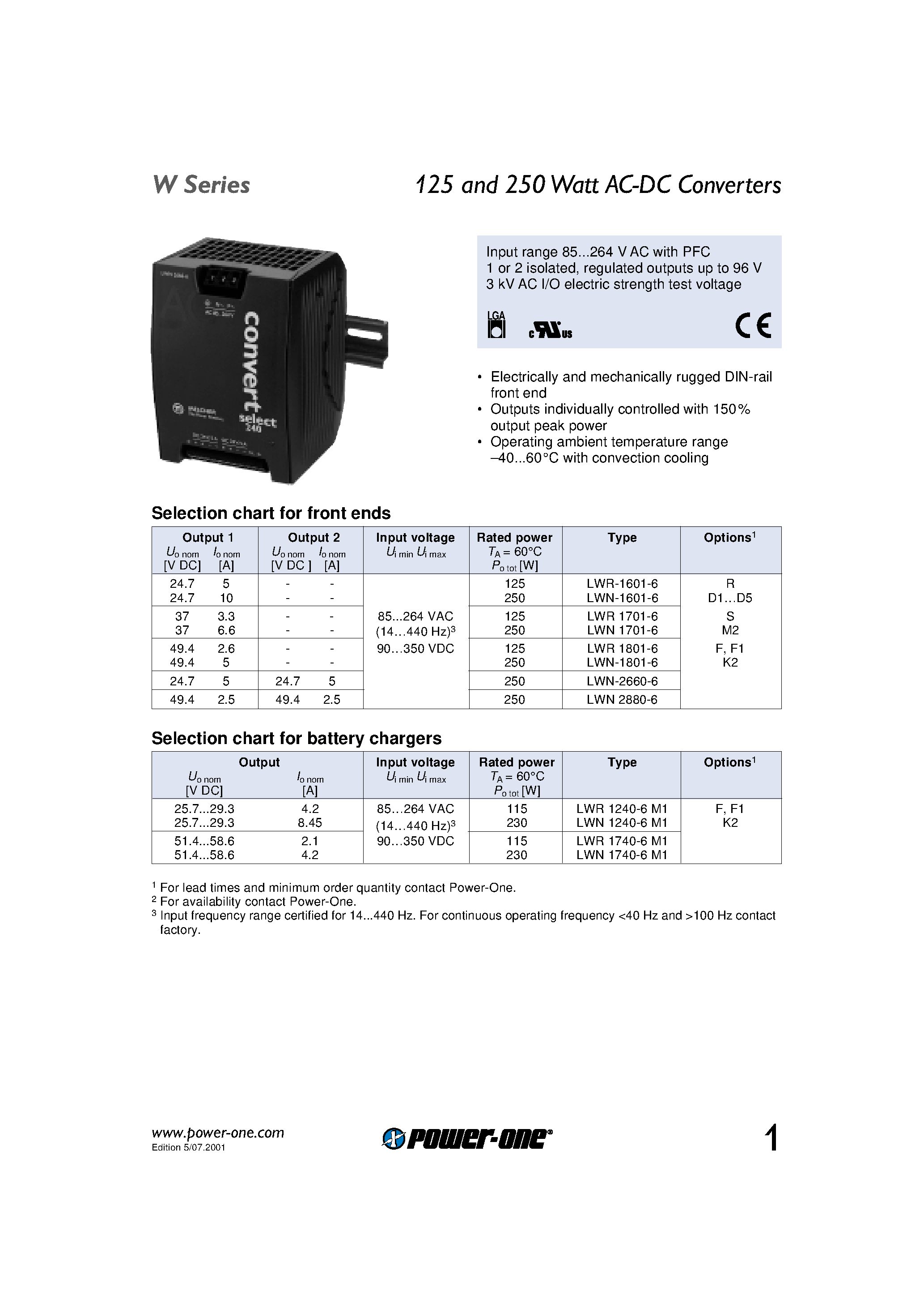 Даташит LWN1701-6 - 125 and 250 Watt AC-DC Converters страница 1