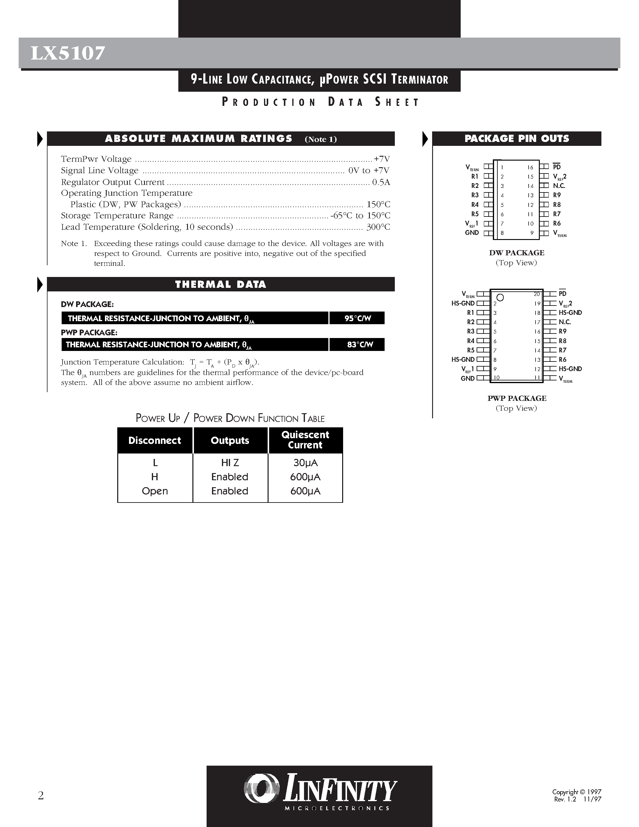 Даташит LX5107CPWP - 9-LINE LOW CAPACITANCE/ POWER SCSI TERMINATOR страница 2