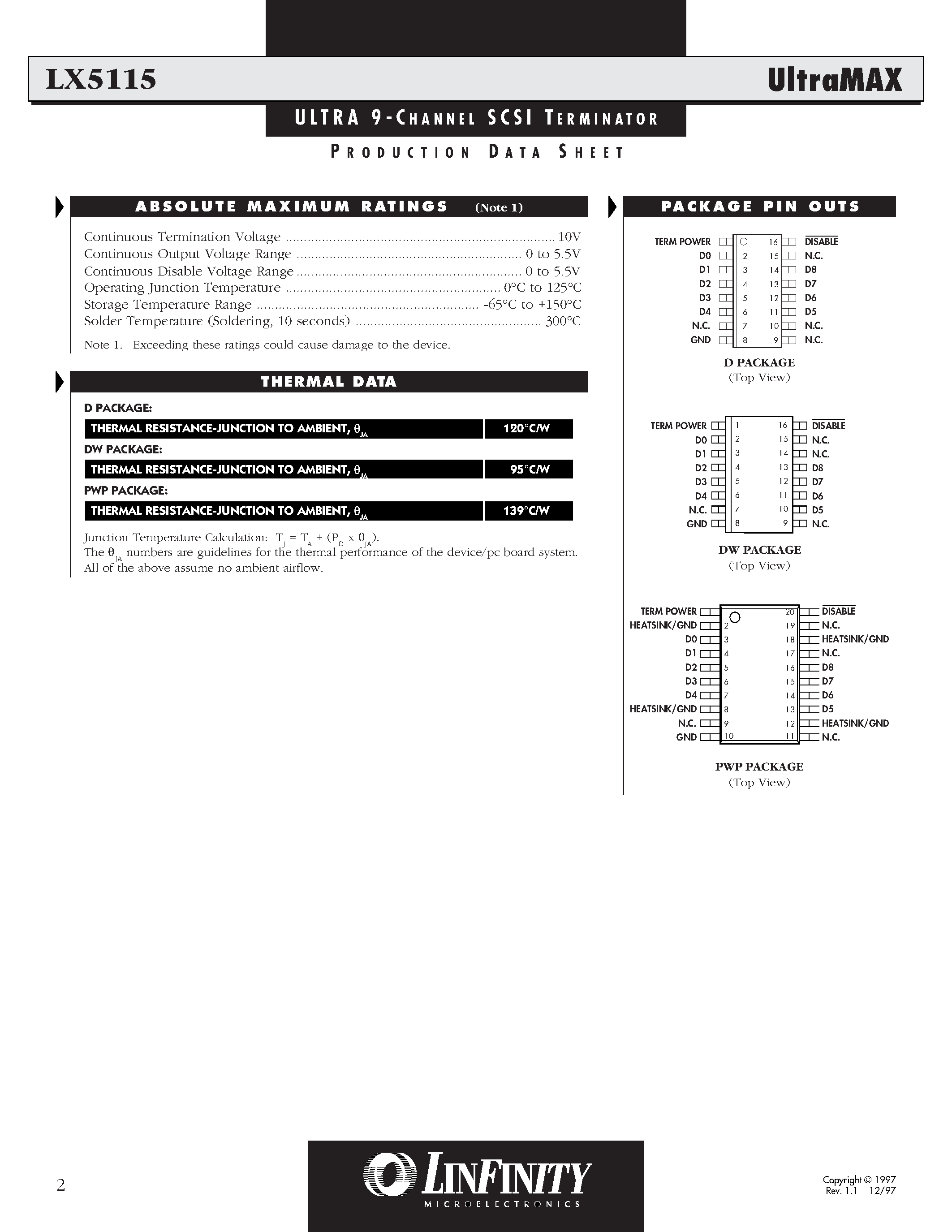 Даташит LX5115CPWP - ULTRA 9 - CHANNEL SCSI TERMINATOR страница 2