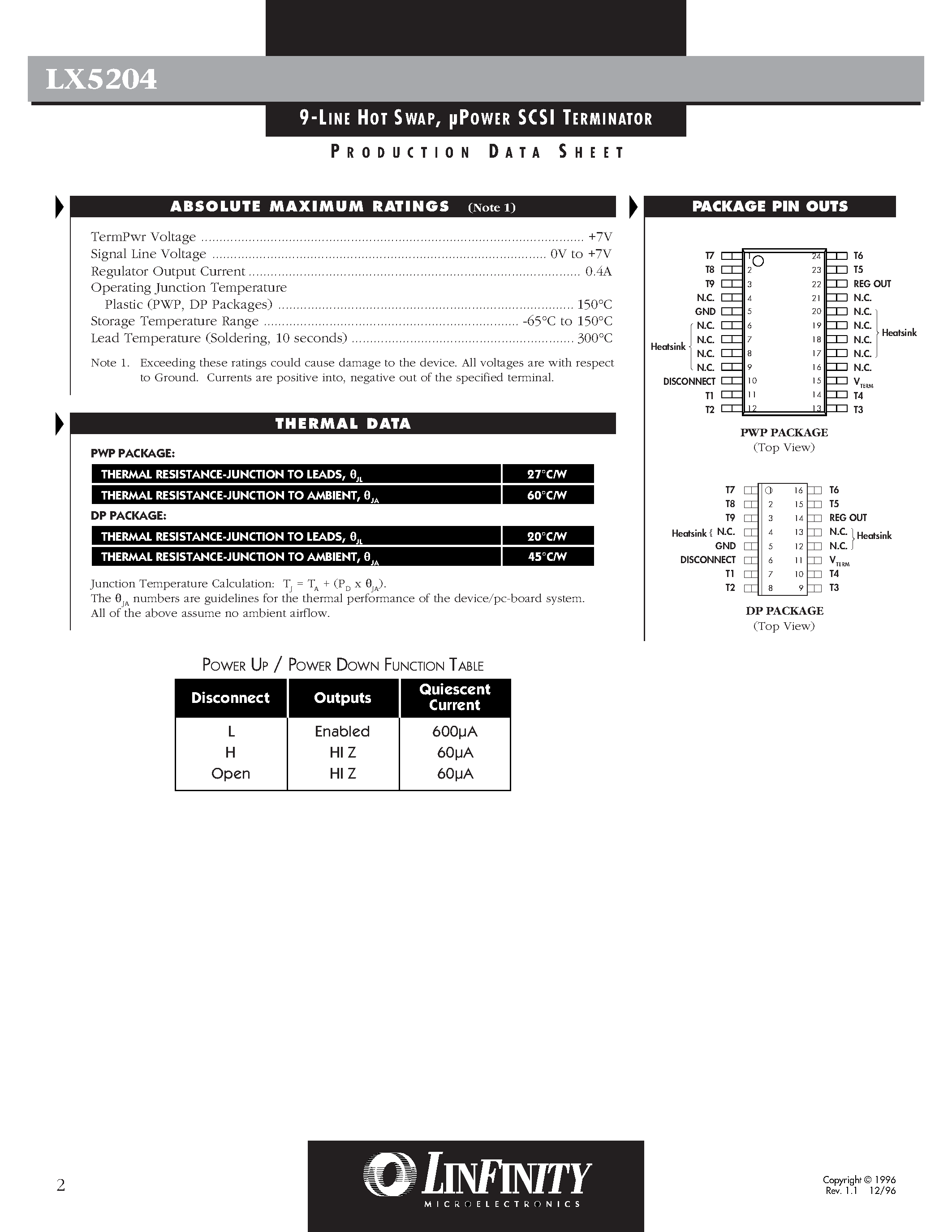 Даташит LX5204 - 9-LINE HOT SWAP/ POWER SCSI TERMINATOR страница 2