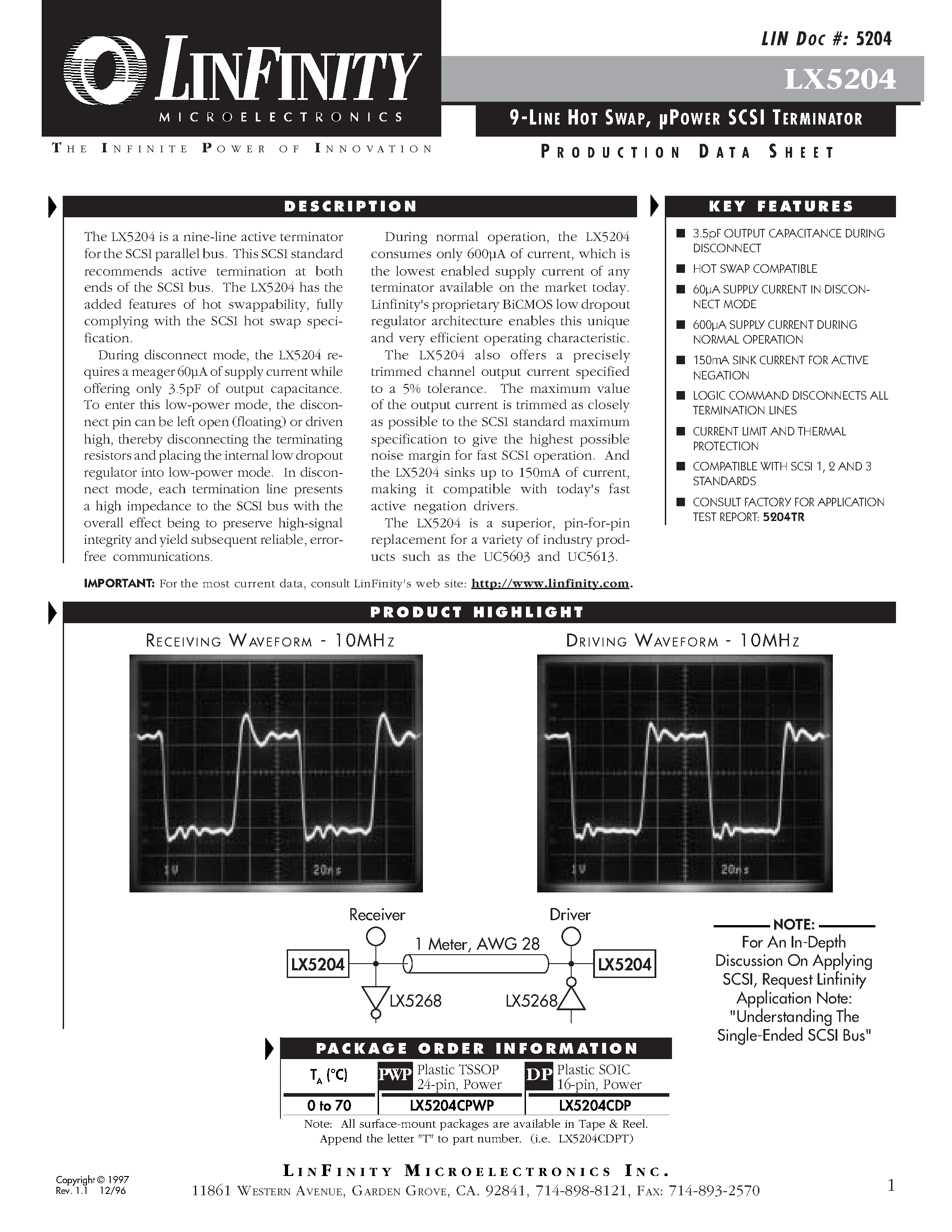 Даташит LX5204CDP - 9-LINE HOT SWAP/ POWER SCSI TERMINATOR страница 1