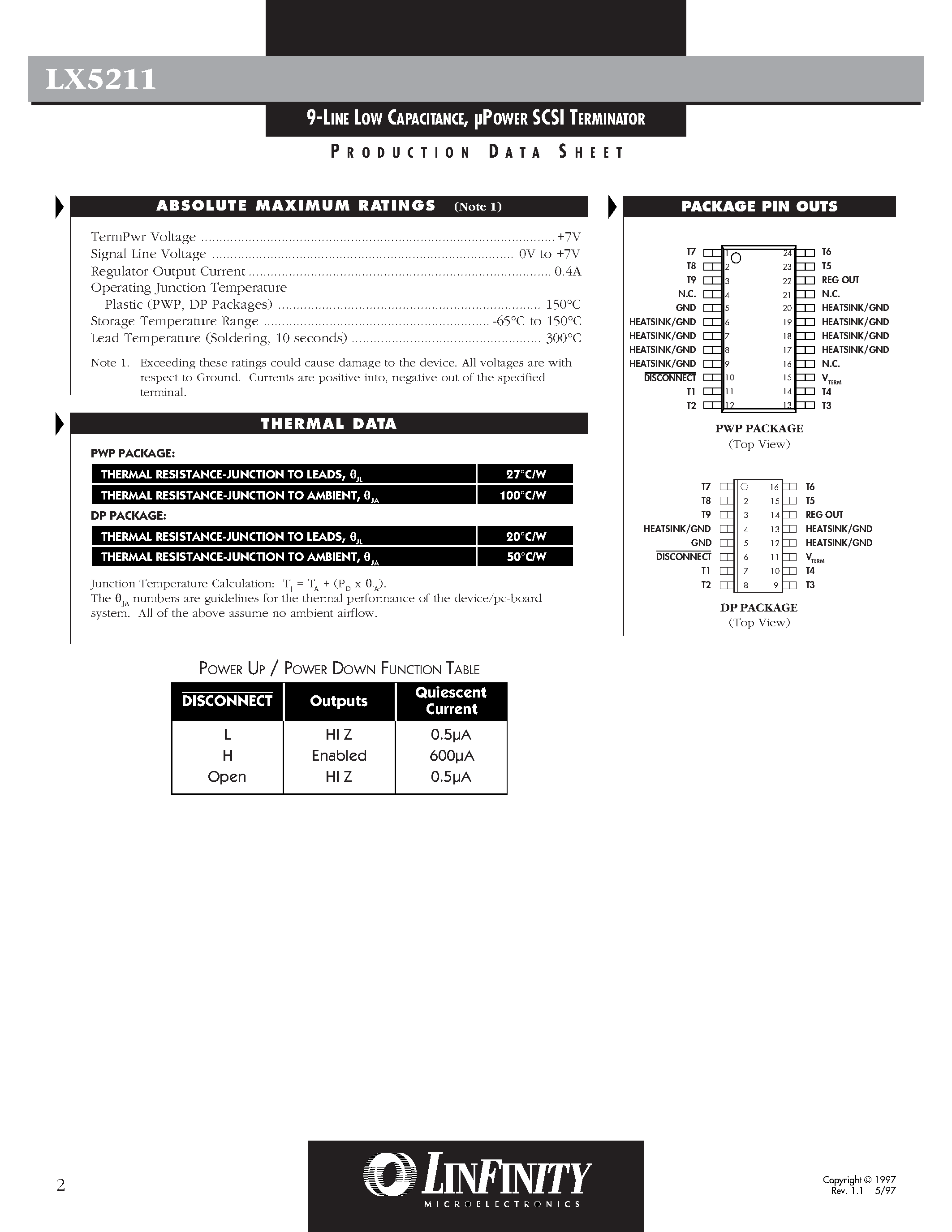 Даташит LX5211CPWP - 9-LINE LOW CAPACITANCE/ POWER SCSI TERMINATOR страница 2