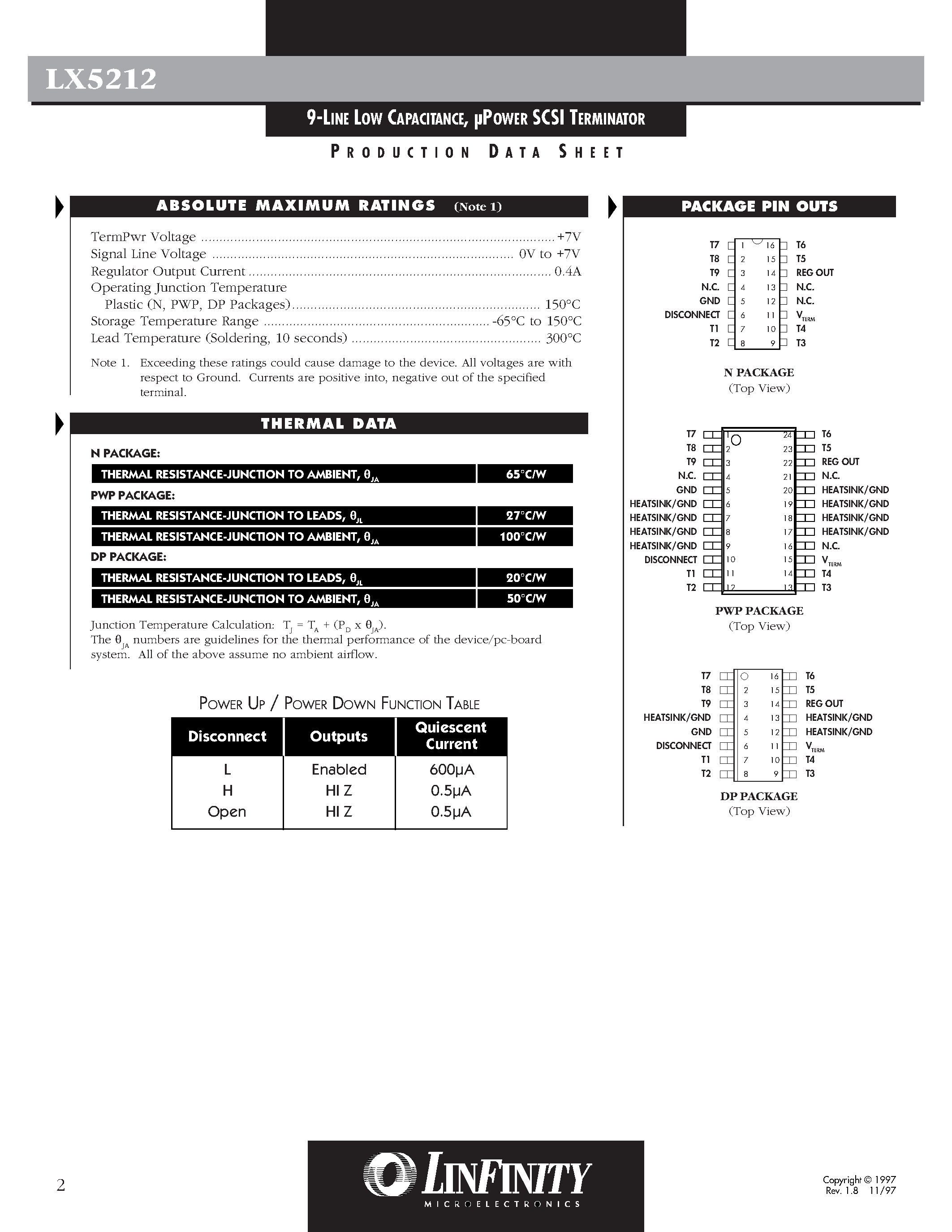 Даташит LX5212 - 9-LINE LOW CAPACITANCE/ POWER SCSI TERMINATOR страница 2