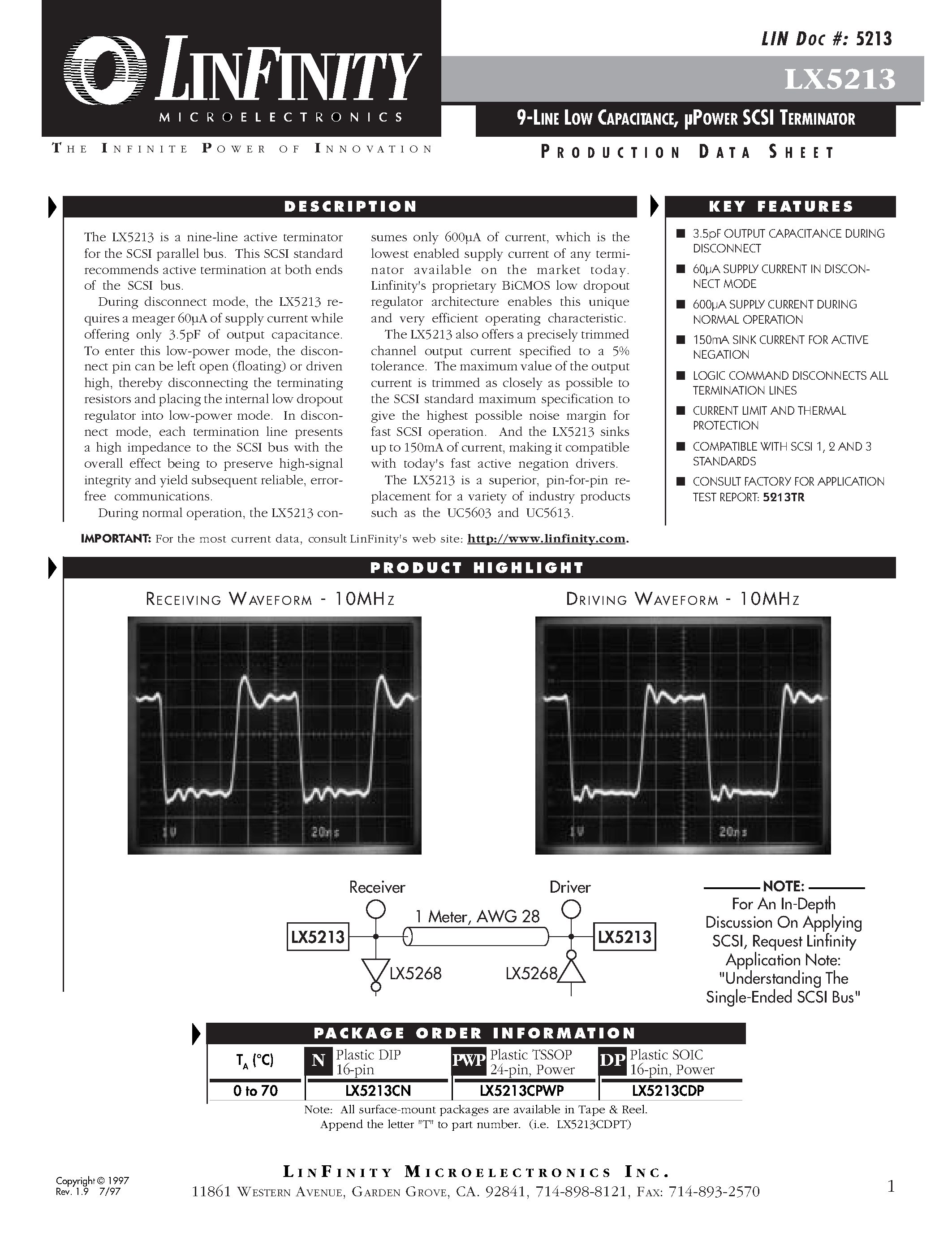 Даташит LX5213 - 9-LINE LOW CAPACITANCE/ POWER SCSI TERMINATOR страница 1