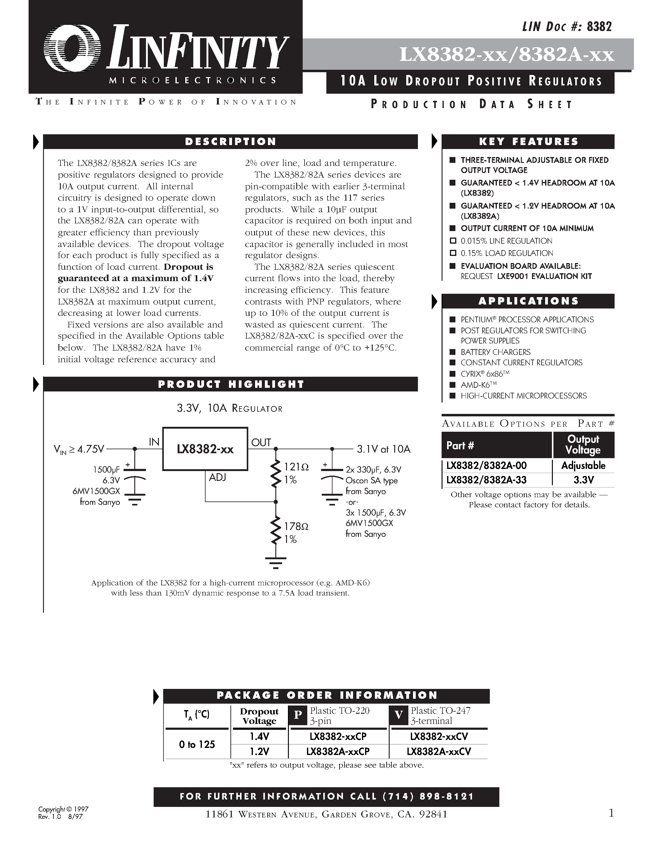 Datasheet LX8382-00 - 10 A LOW DROPOUT POSITIV E REGULATORS page 1