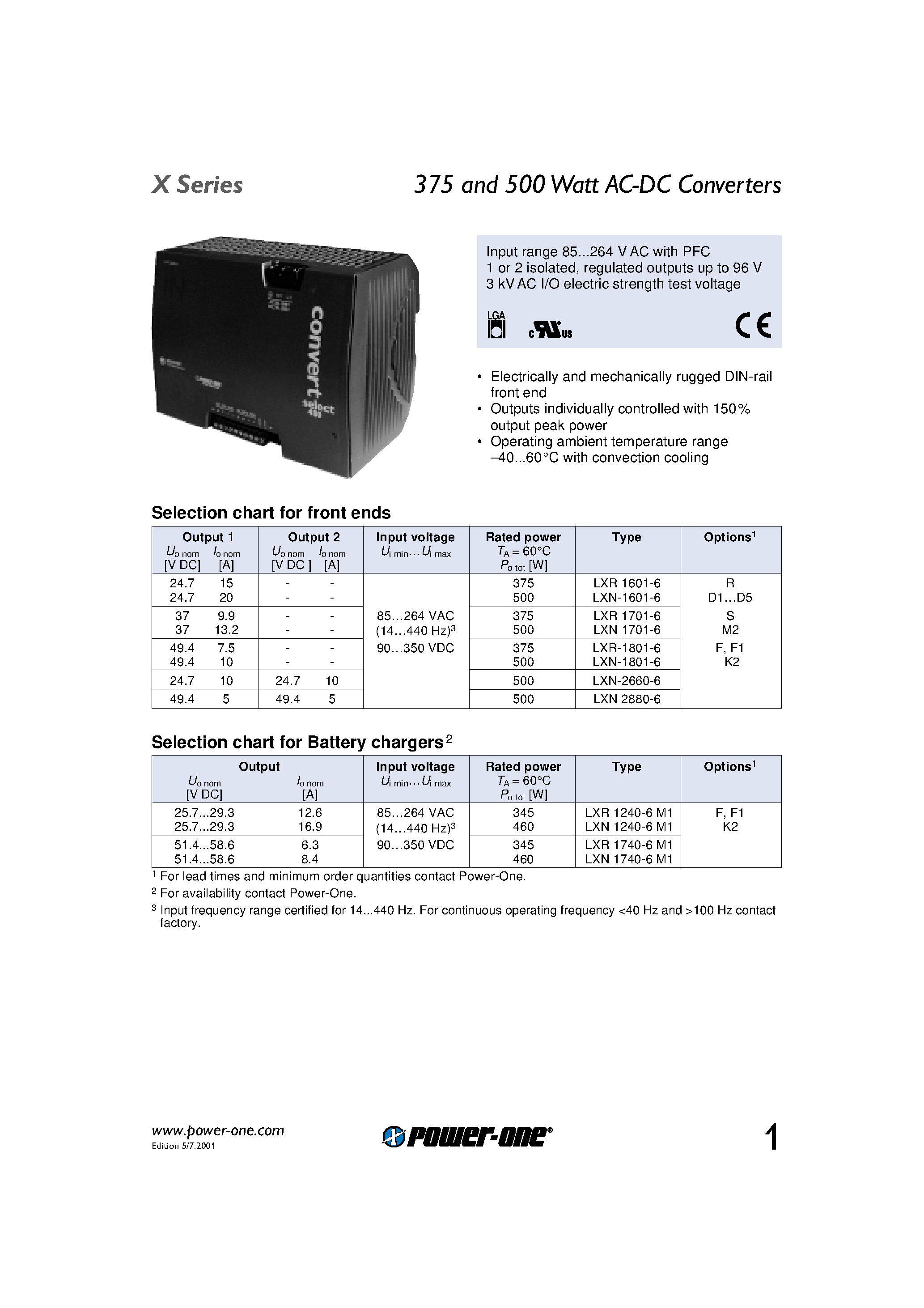 Даташит LXN-1801-6 - 375 and 500 Watt AC-DC Converters страница 1