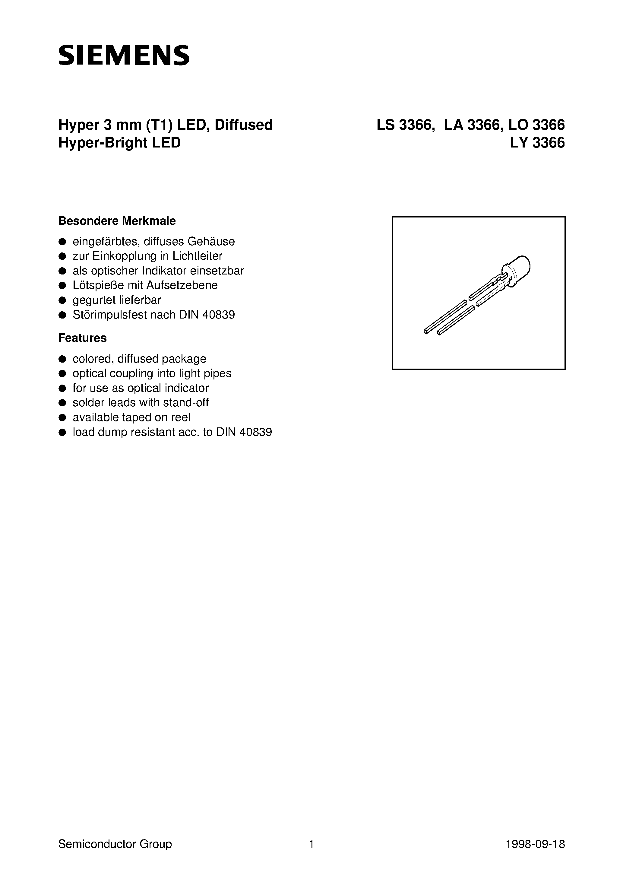 Datasheet LY3366-R - Hyper 3 mm T1 LED/ Diffused Hyper-Bright LED page 1