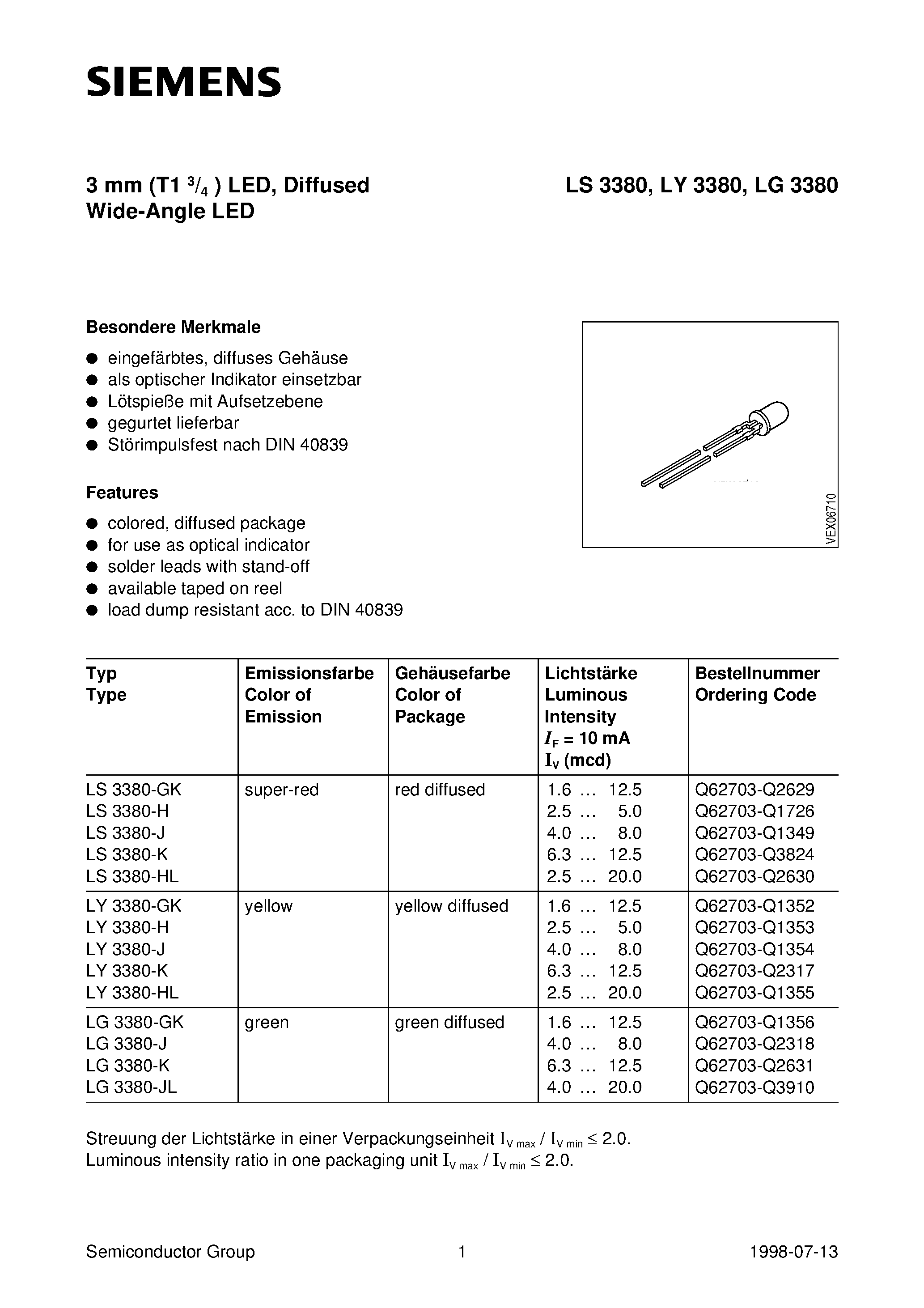 Даташит LY3380-H - 3 mm T1 3/4 LED/ Diffused Wide-Angle LED страница 1