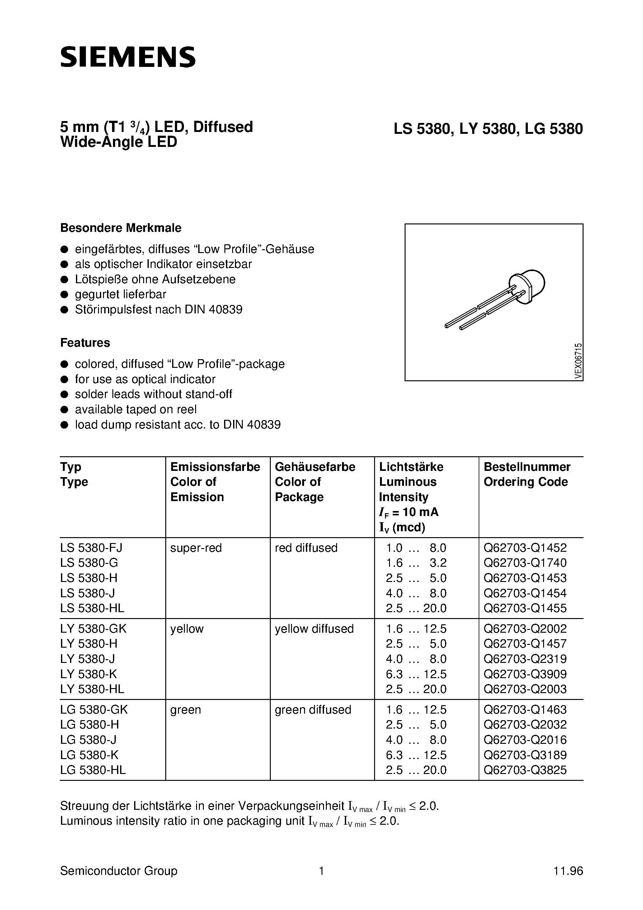 Даташит LY5380-H - 5 mm T1 3/4 LED/ Diffused Wide-Angle LED страница 1