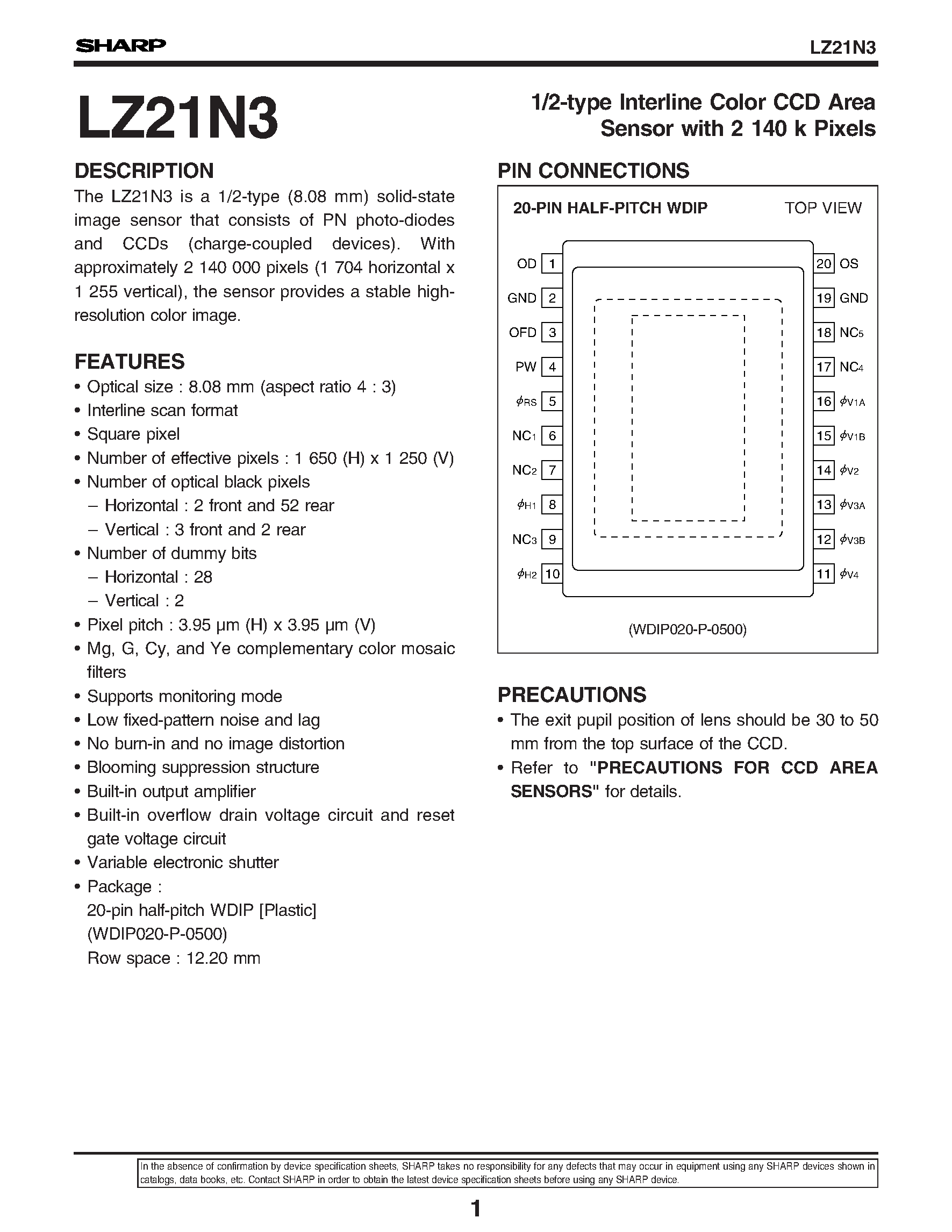 Даташит LZ21N3 - 1/2-type Interline Color CCD Area Sensor with 2 140 k Pixels страница 1