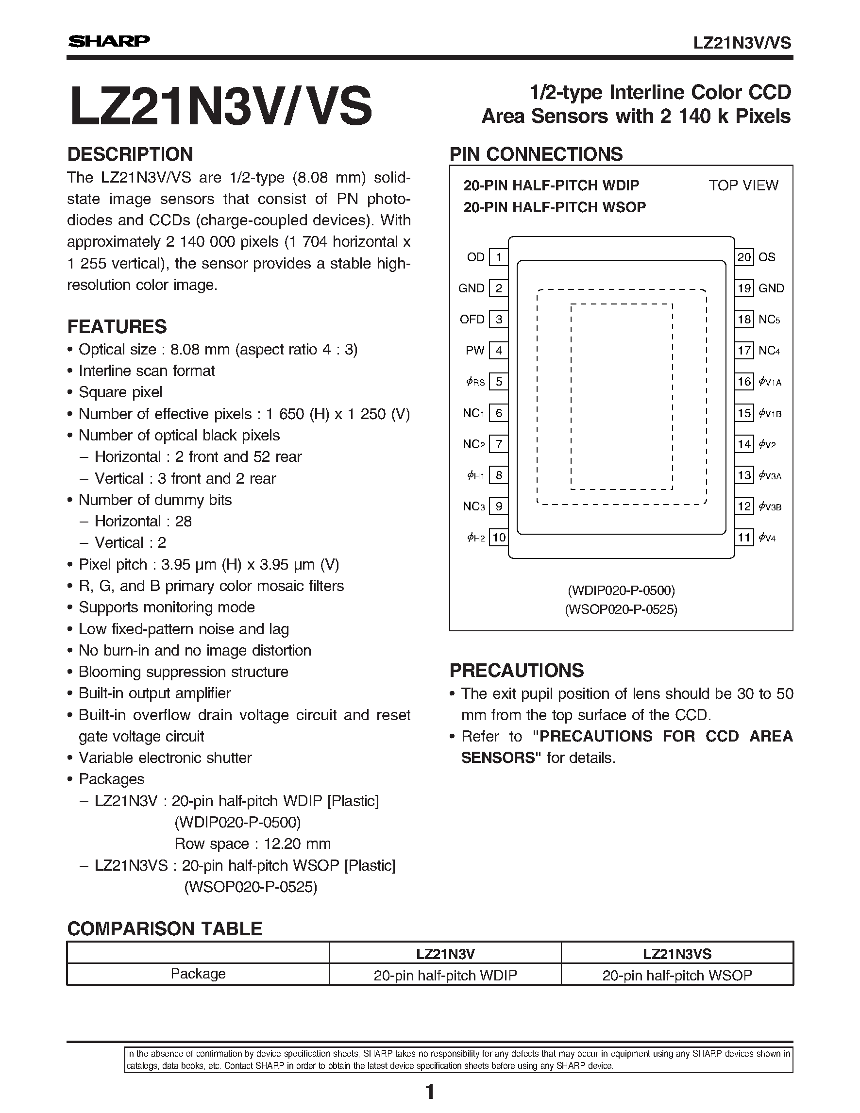 Даташит LZ21N3V - 1/2-type Interline Color CCD Area Sensors with 2 140 k Pixels страница 1