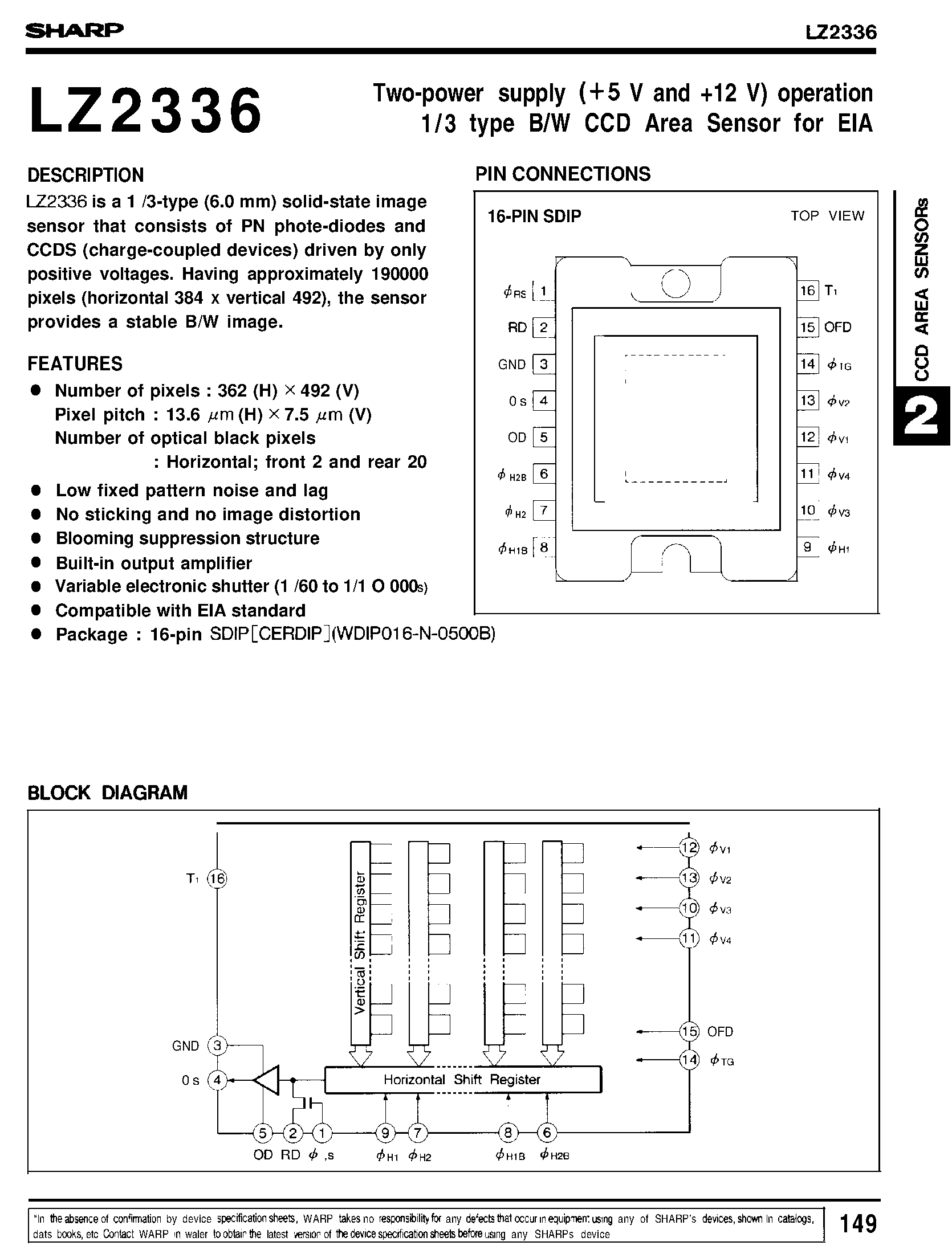 Datasheet LZ2336 - Two-power supply (+5 V and +12 V) operation 1 / 3 type B/W CCD Area Sensor for EIA page 1