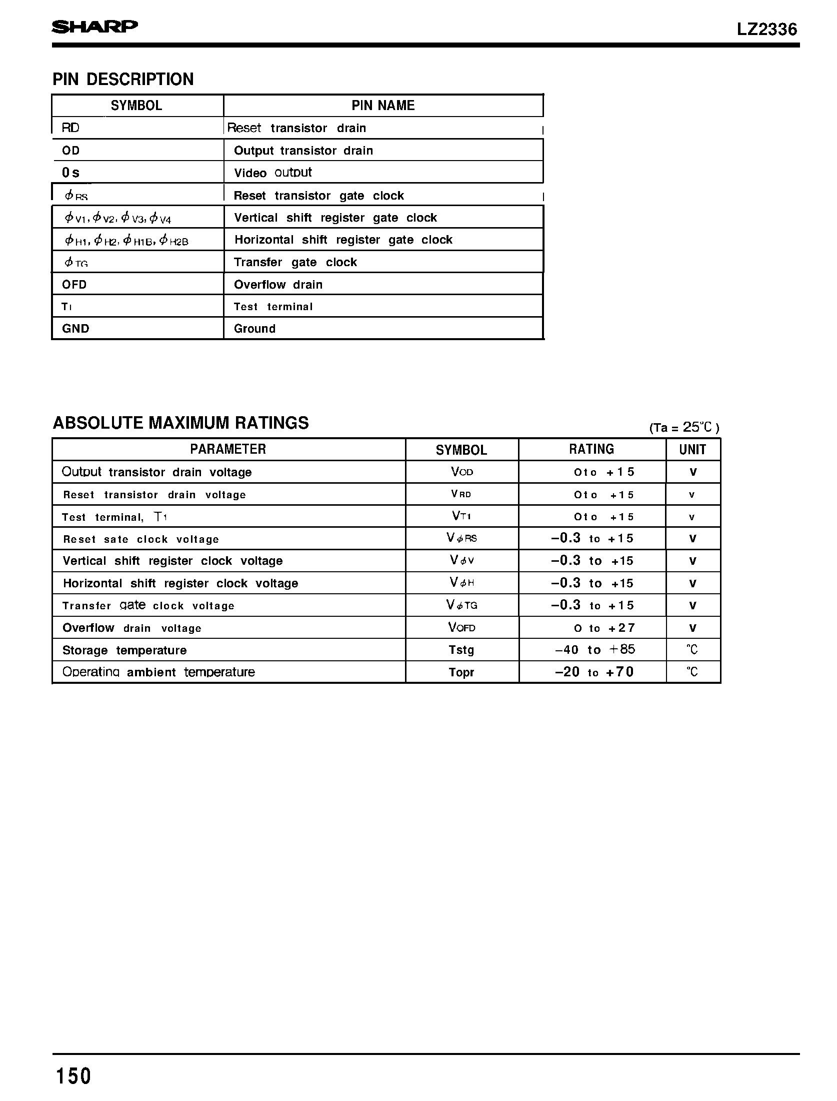 Datasheet LZ2336 - Two-power supply (+5 V and +12 V) operation 1 / 3 type B/W CCD Area Sensor for EIA page 2