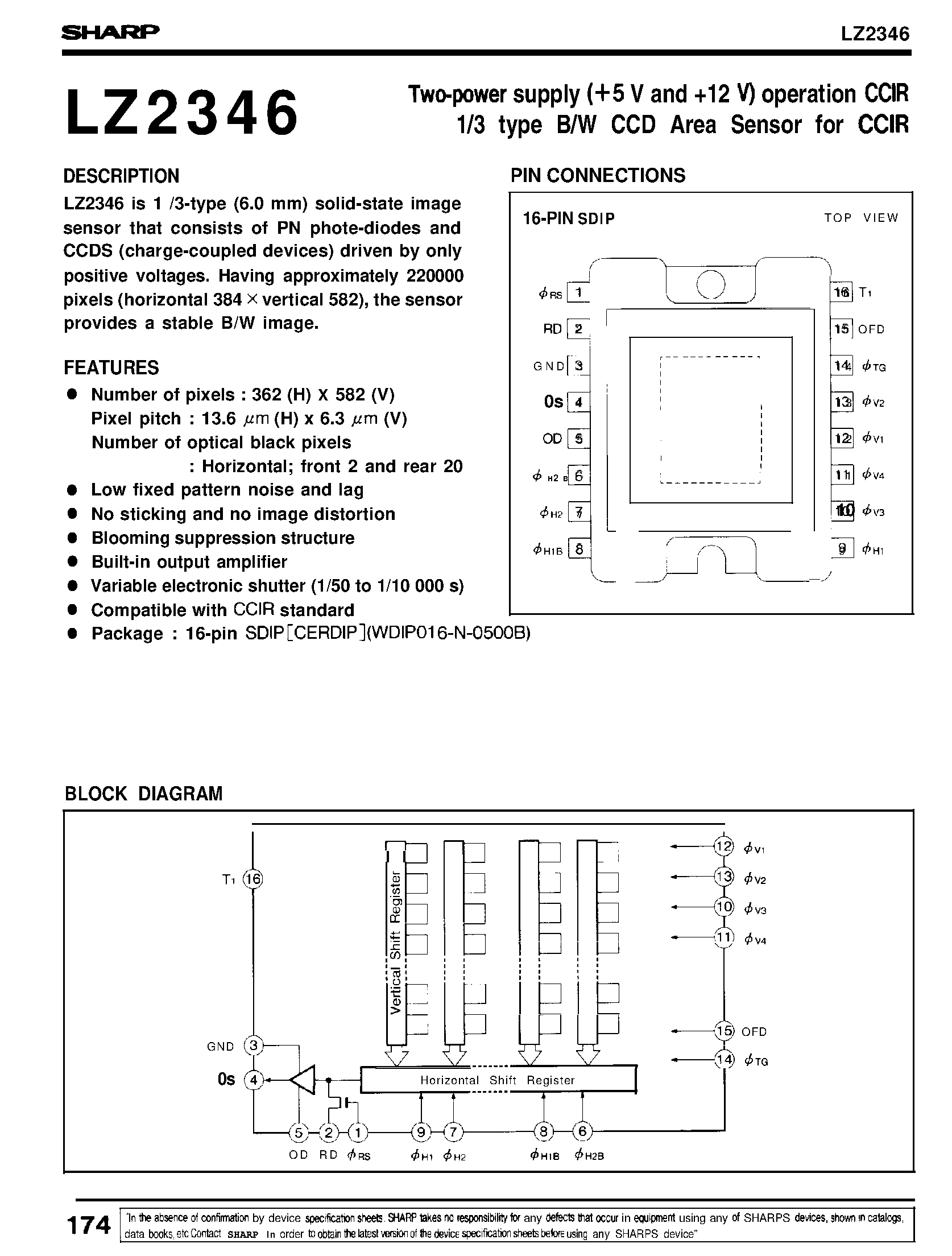 Datasheet LZ2346 - Twopower supply (+5 V and +12 V) operation CCIR 1/3 type B/W CCD Area Sensor for CCIR page 1