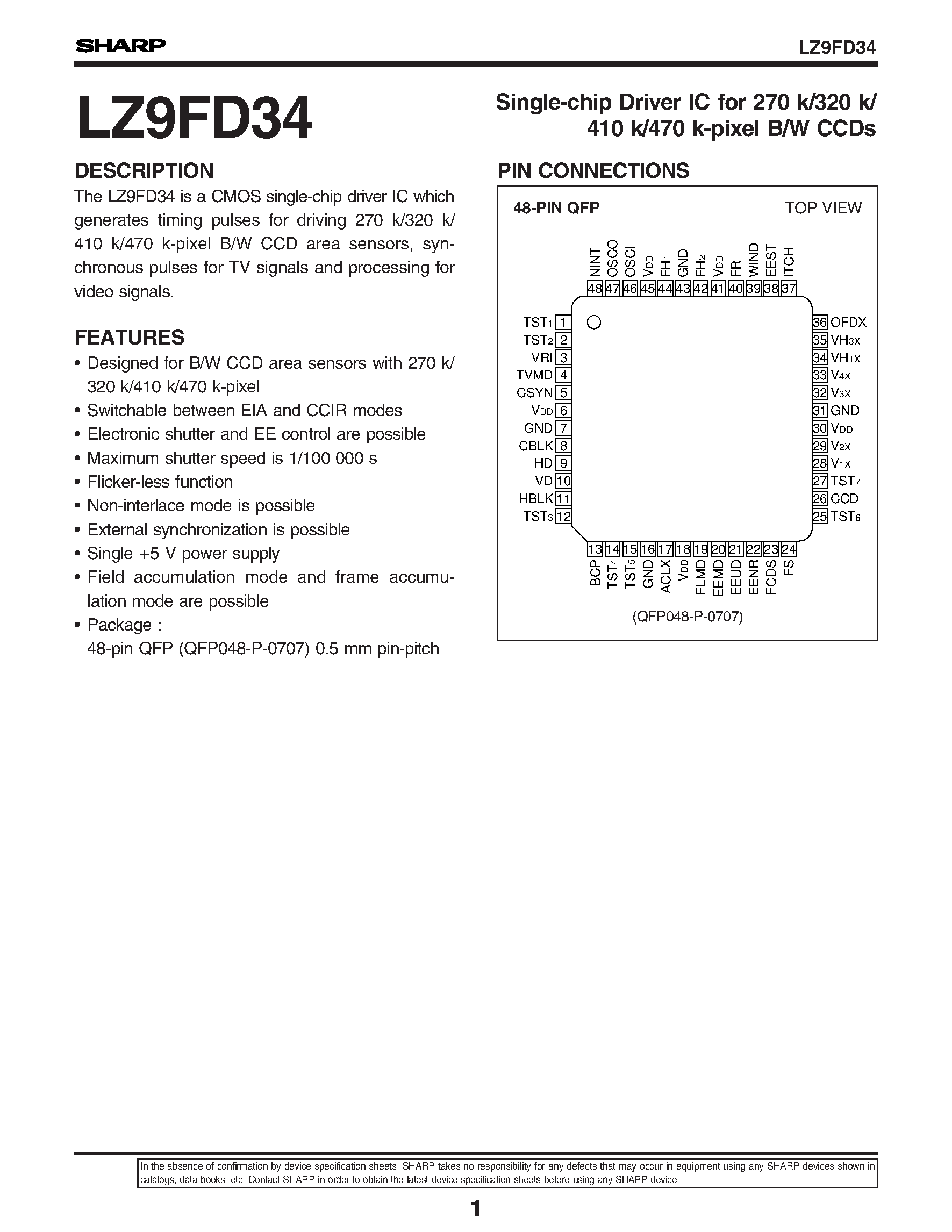 Datasheet LZ9FD34 - Single-chip Driver IC for 270 k/320 k/ 410 k/470 k-pixel B/W CCDs page 1