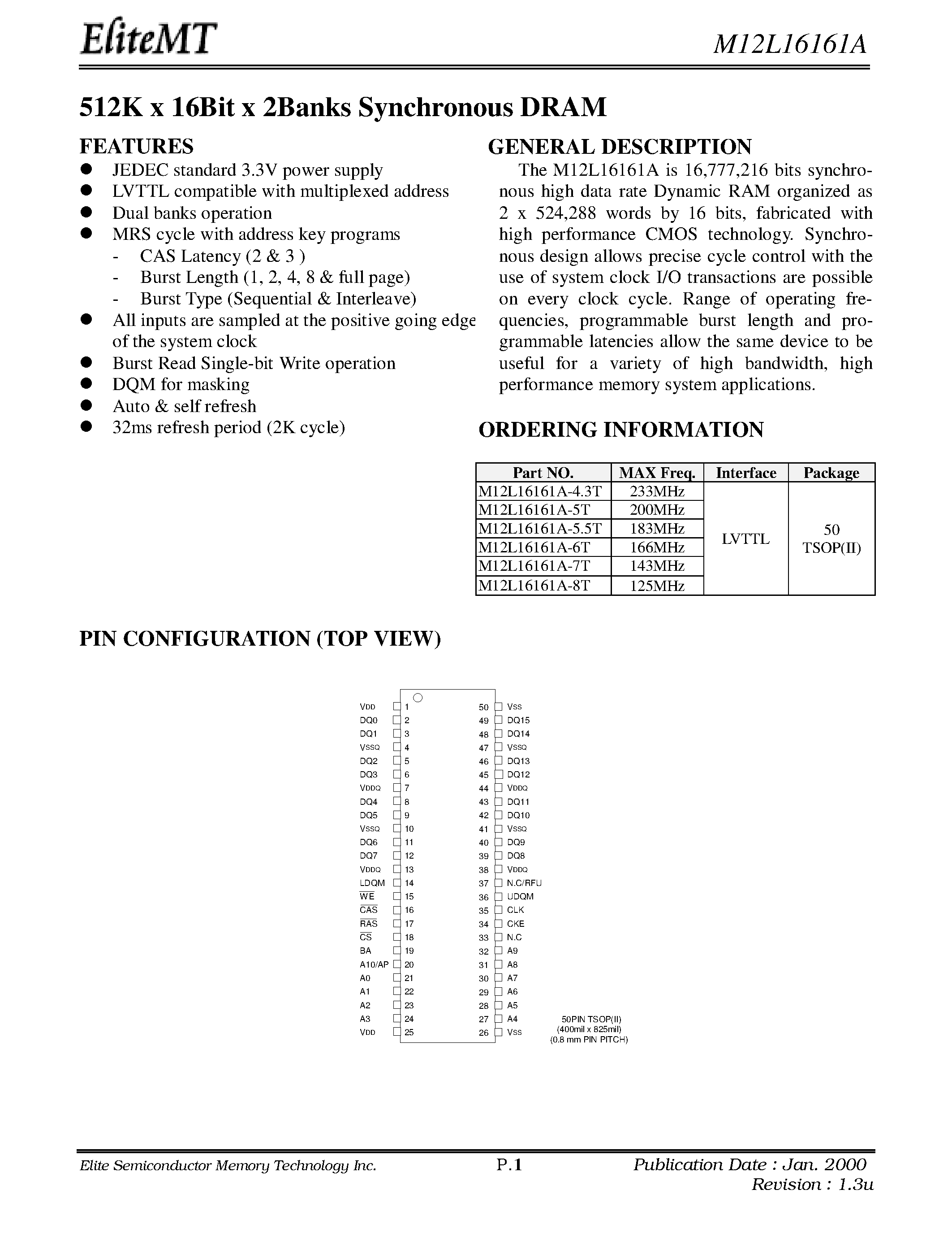 Datasheet M12L16161A-4.3T - 512K x 16Bit x 2Banks Synchronous DRAM page 1