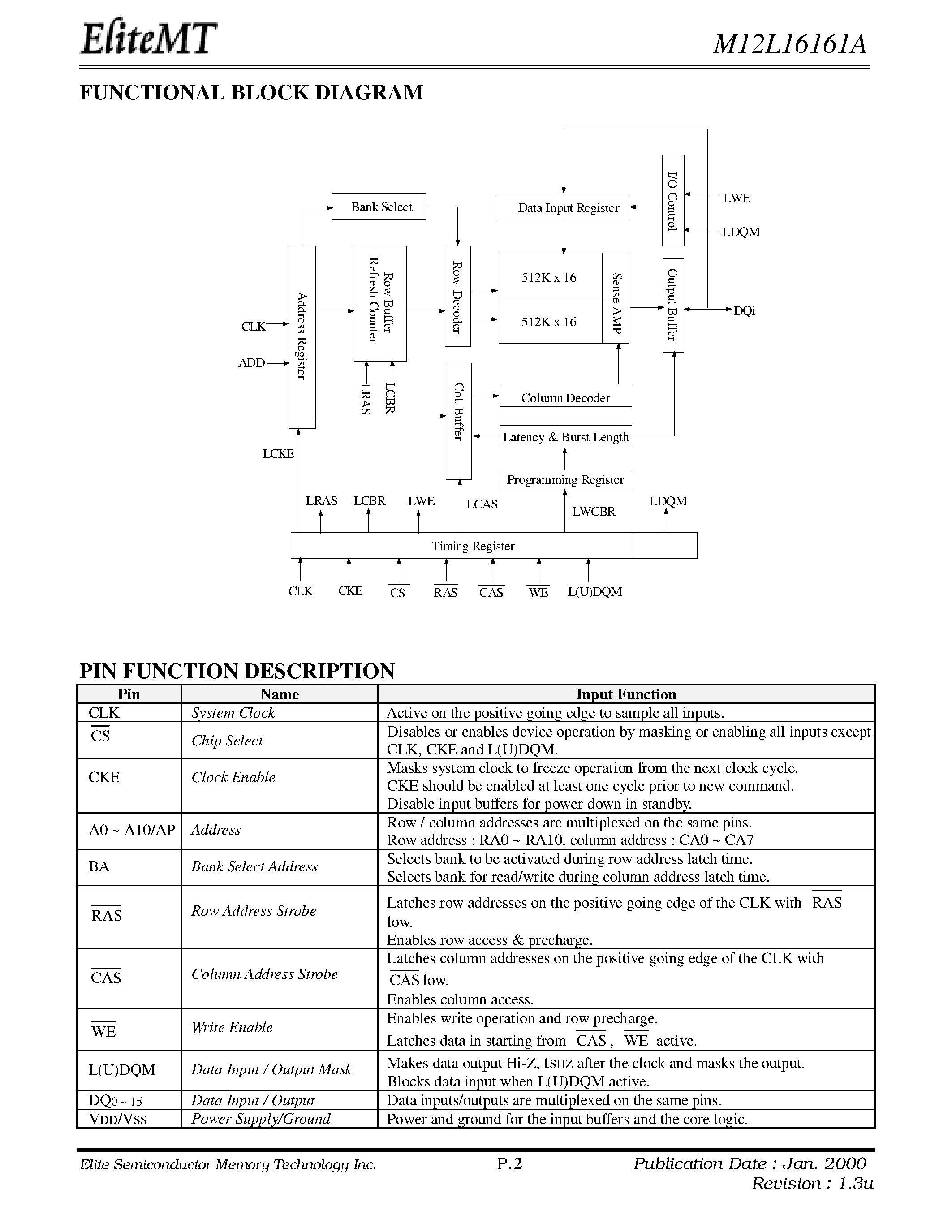 Datasheet M12L16161A-4.3T - 512K x 16Bit x 2Banks Synchronous DRAM page 2