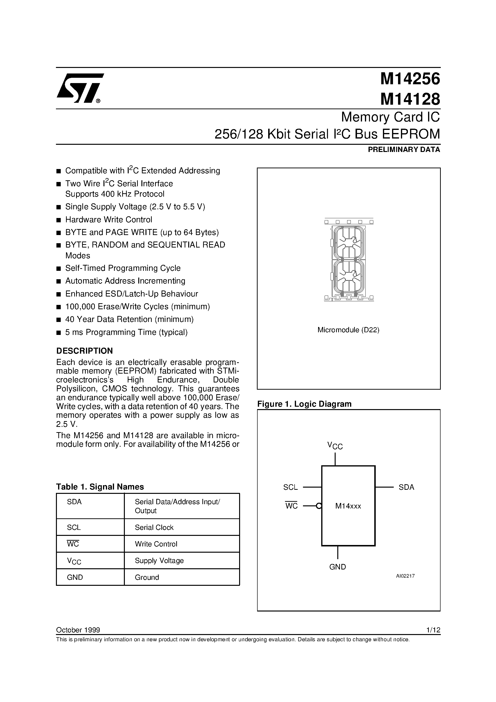 Datasheet M14256 - Memory Micromodules General Information for D1/ D2 and C Packaging page 1