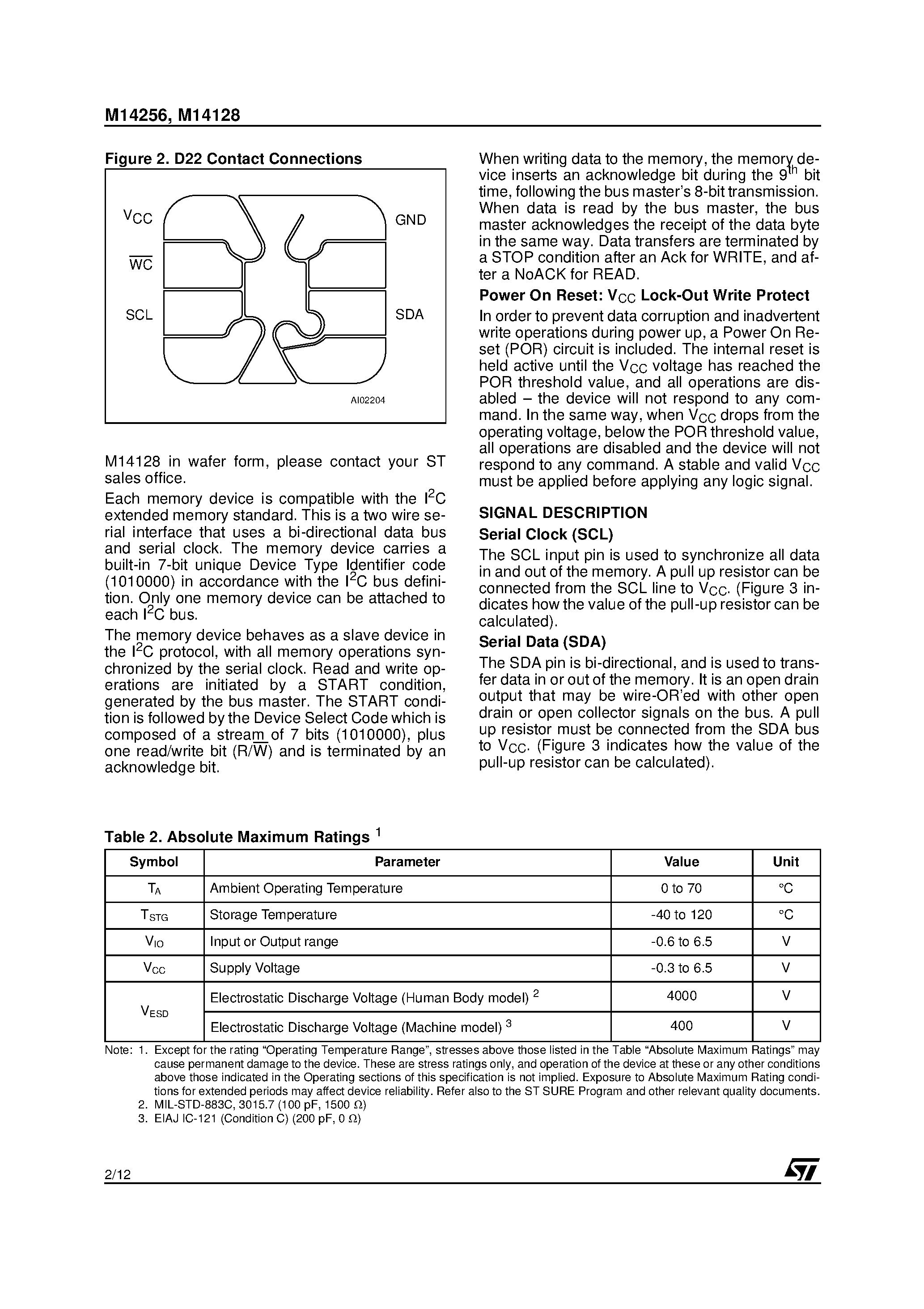 Datasheet M14256 - Memory Micromodules General Information for D1/ D2 and C Packaging page 2