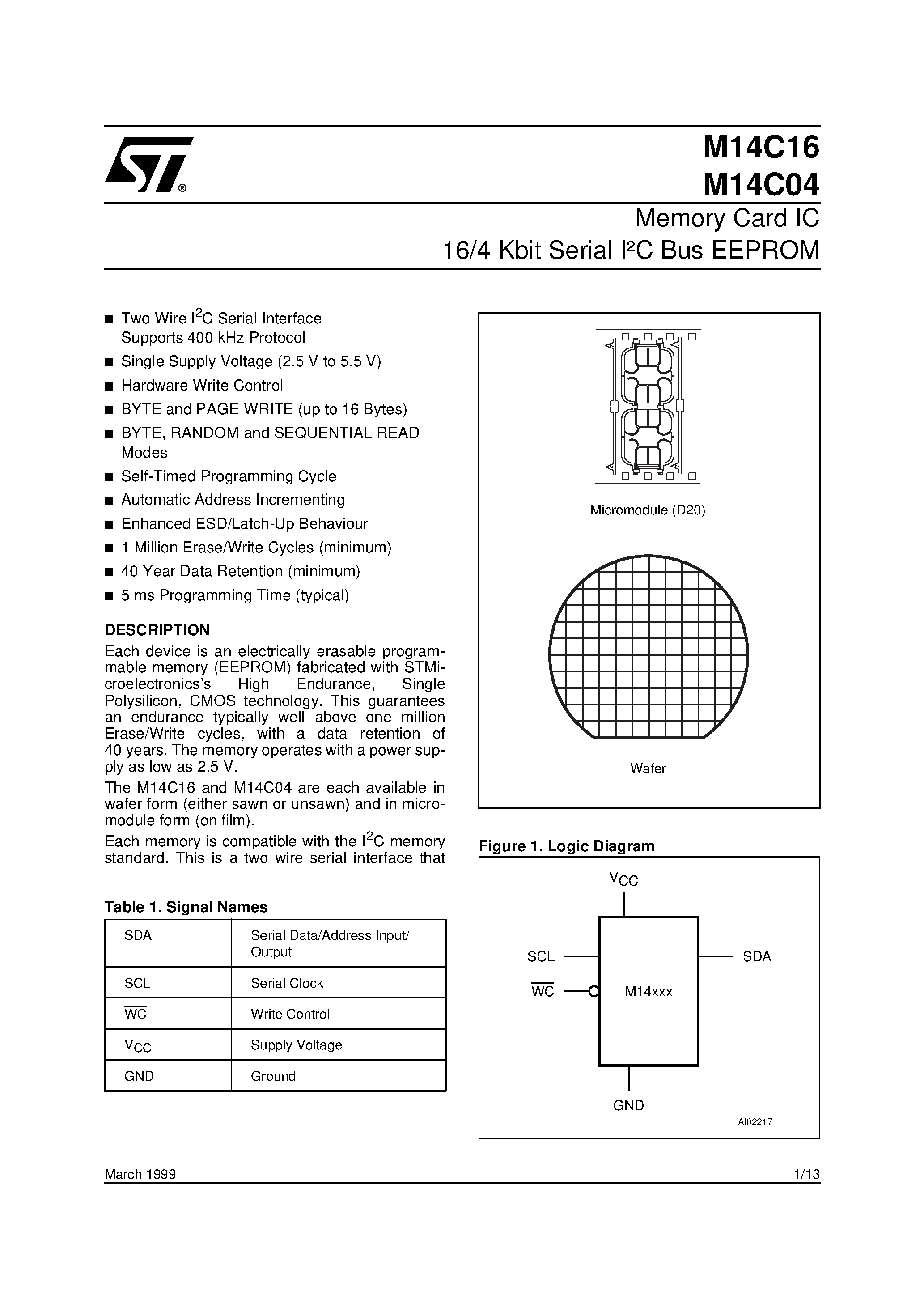 Даташит M14C16 - Memory Micromodules General Information for D1/ D2 and C Packaging страница 1