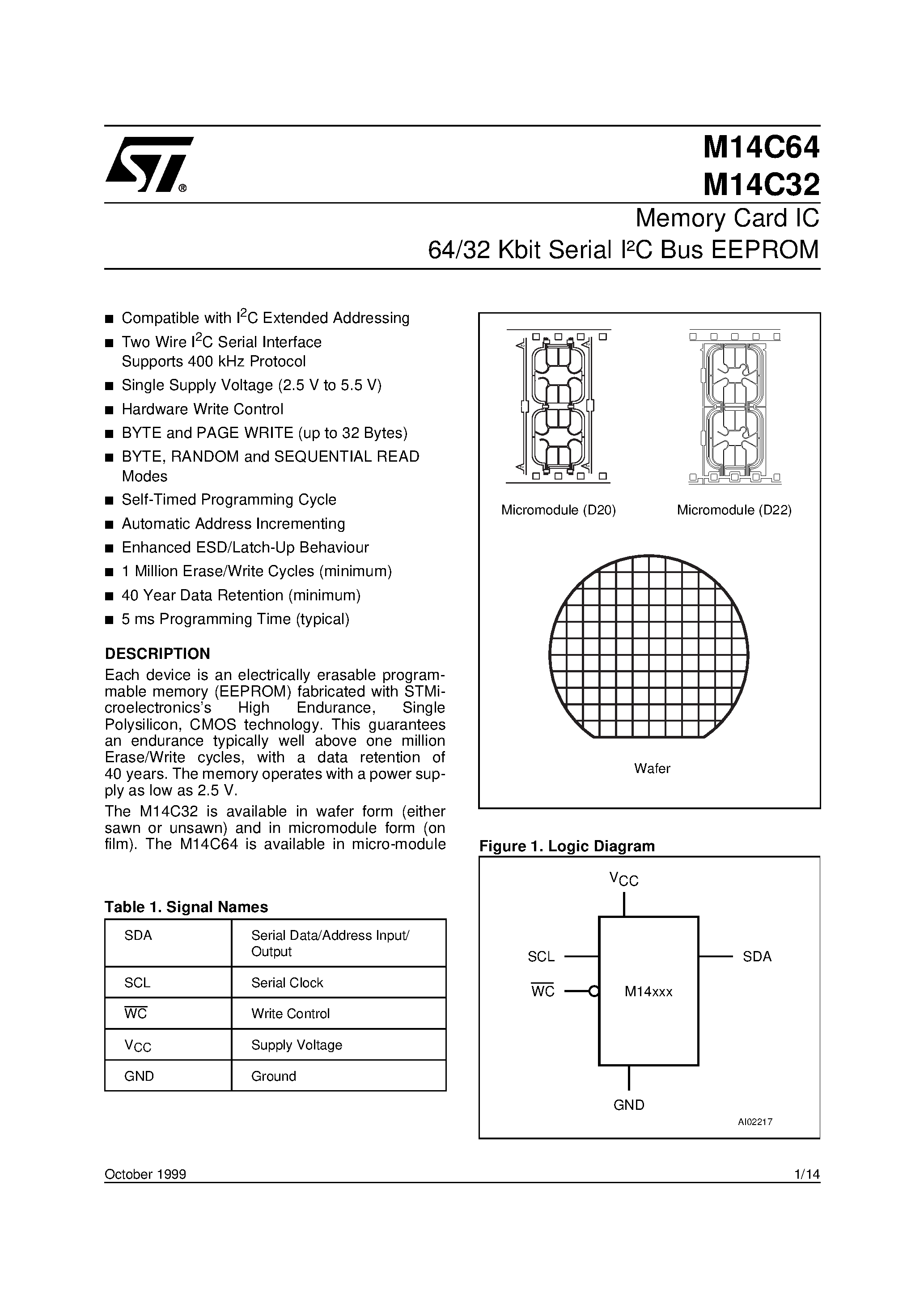 Datasheet M14C64 - Memory Micromodules General Information for D1/ D2 and C Packaging page 1