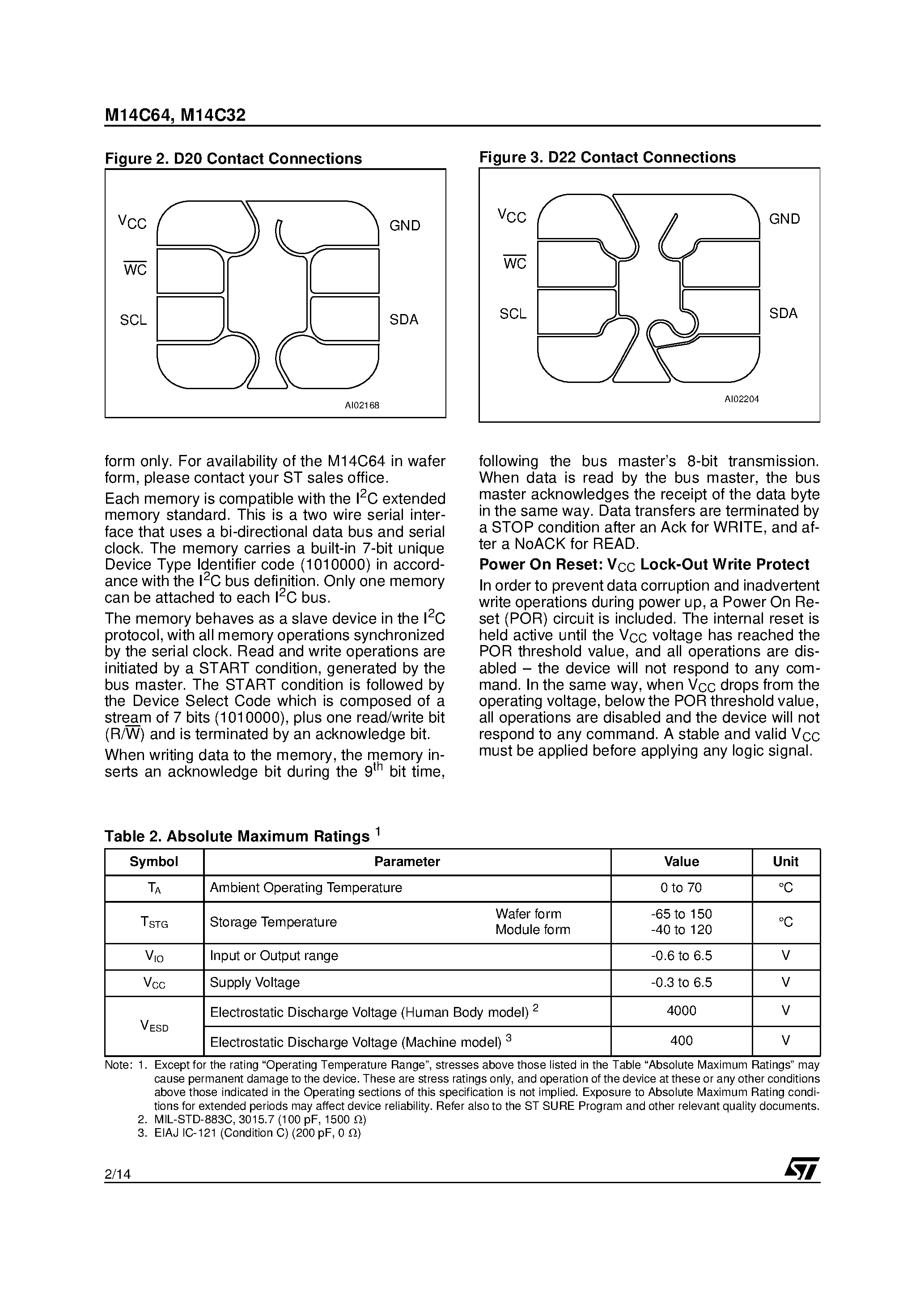 Datasheet M14C64 - Memory Micromodules General Information for D1/ D2 and C Packaging page 2