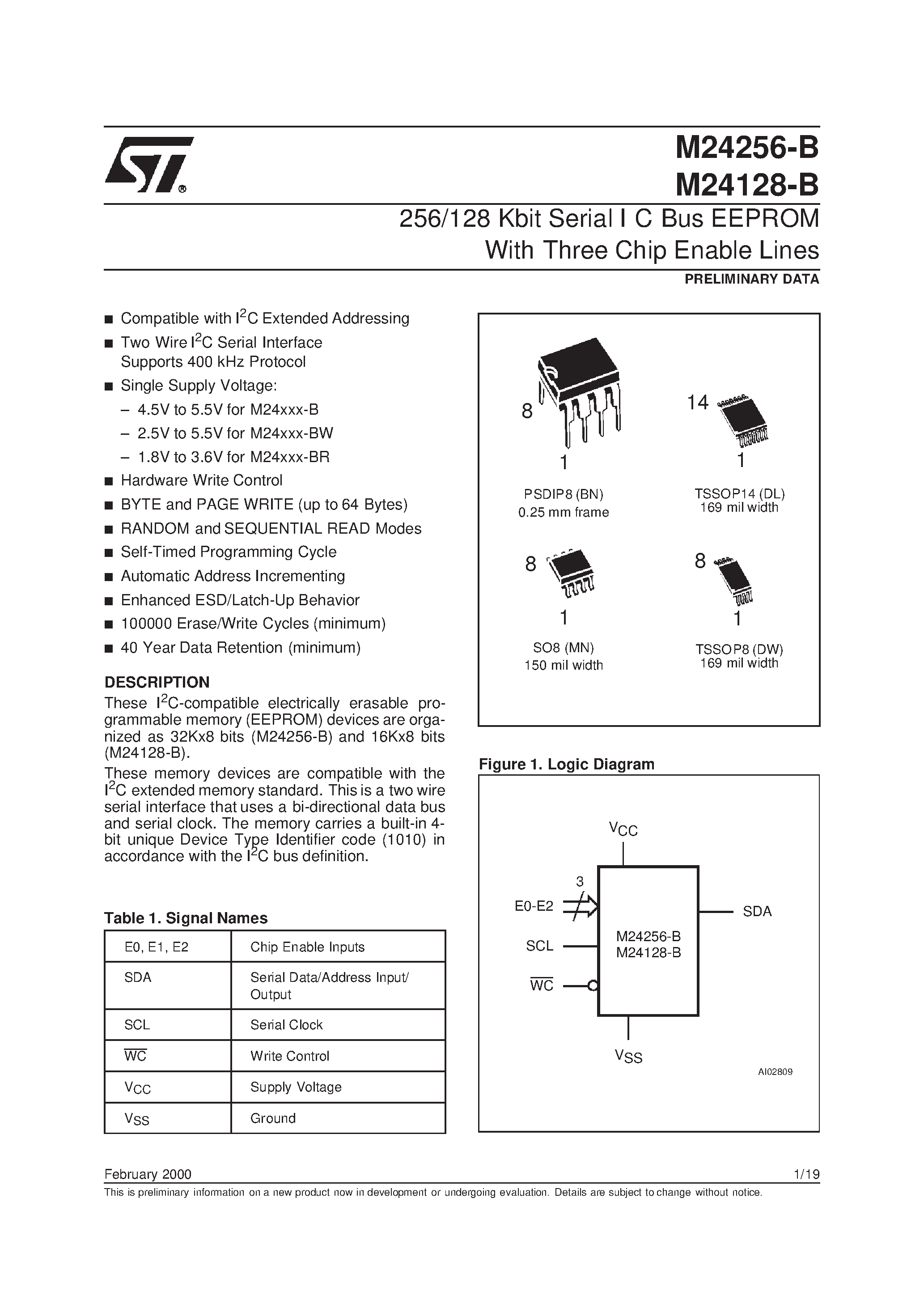 Даташит M24128-B - 256/128 Kbit Serial I C Bus EEPROM With Three Chip Enable Lines страница 1