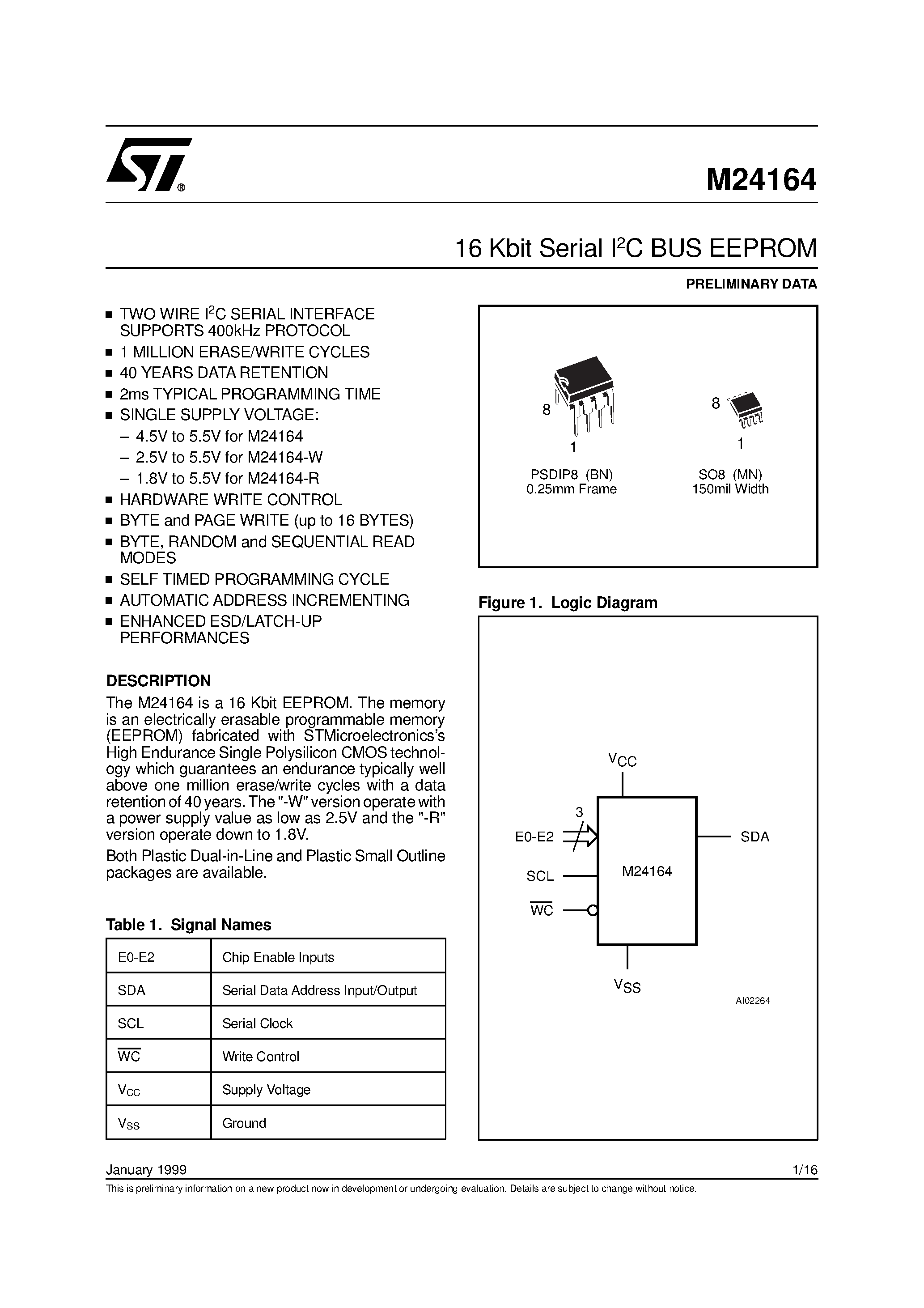 Datasheet M24164-R - 16 Kbit Serial I2C BUS EEPROM page 1