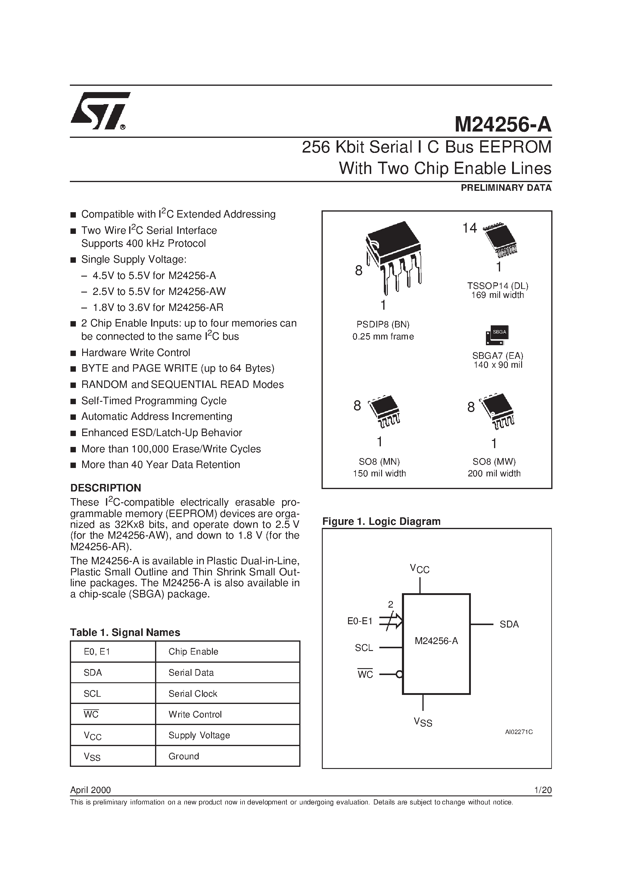 Datasheet M24256-A - 256 Kbit Serial I C Bus EEPROM With Two Chip Enable Lines page 1