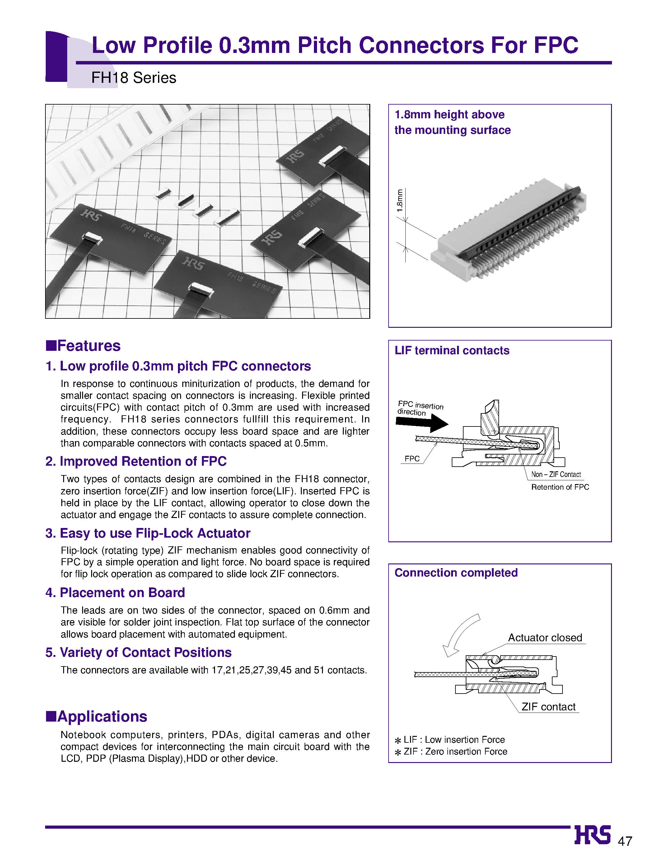 Даташит FH18-17S-0.3SHW - Low Profile 0.3mm Pitch Connectors For FPC страница 1