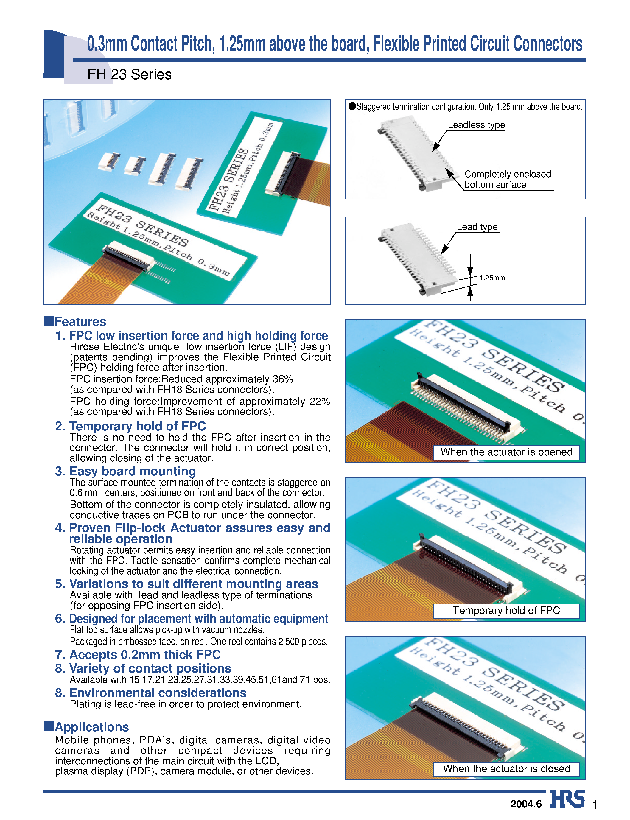 Даташит FH23-15S-0.3SHW - 0.3mm Contact Pitch/ 1.25mm above the board/ Flexible Printed Circuit Connectors страница 1