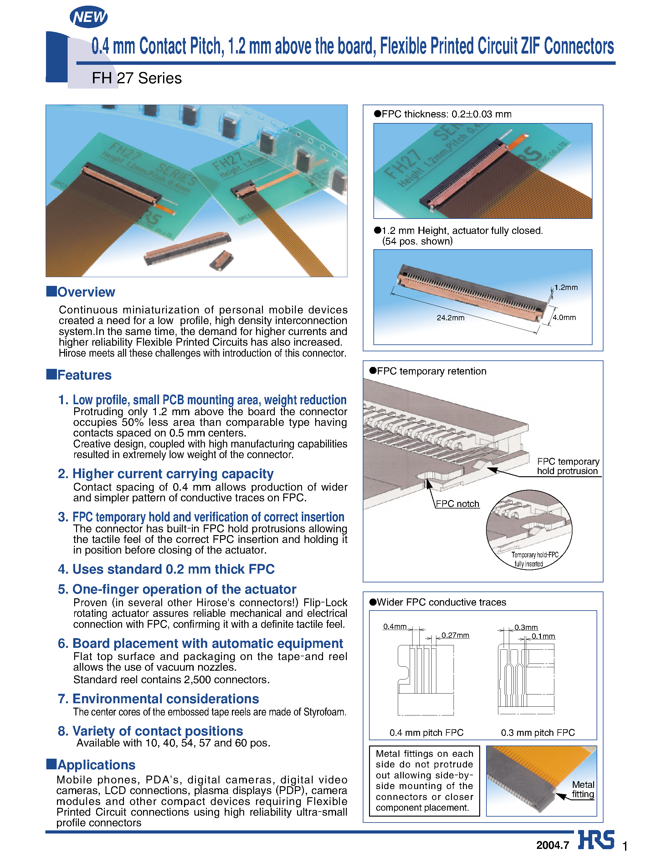 Даташит FH27-10S-0.4SH - 0.4 mm Contact Pitch/ 1.2 mm above the board/ Flexible Printed Circuit ZIF Connectors страница 1