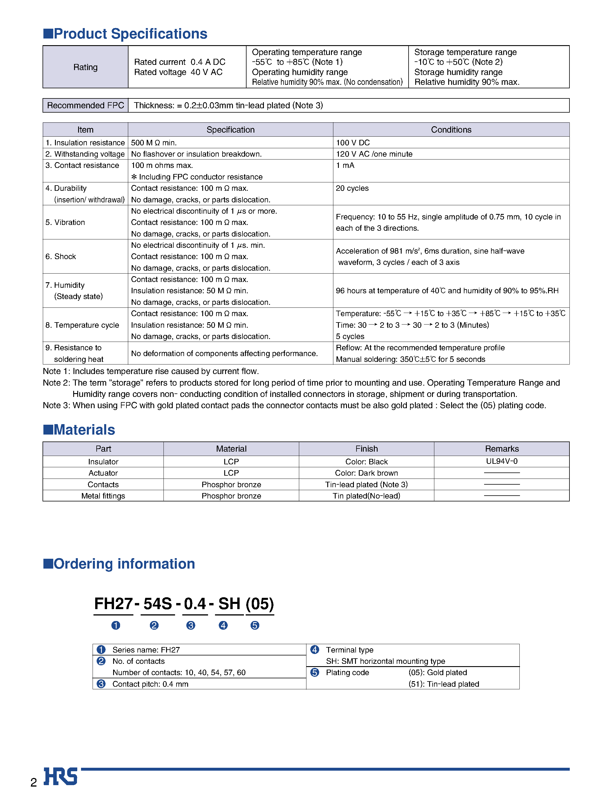 Даташит FH27-10S-0.4SH - 0.4 mm Contact Pitch/ 1.2 mm above the board/ Flexible Printed Circuit ZIF Connectors страница 2