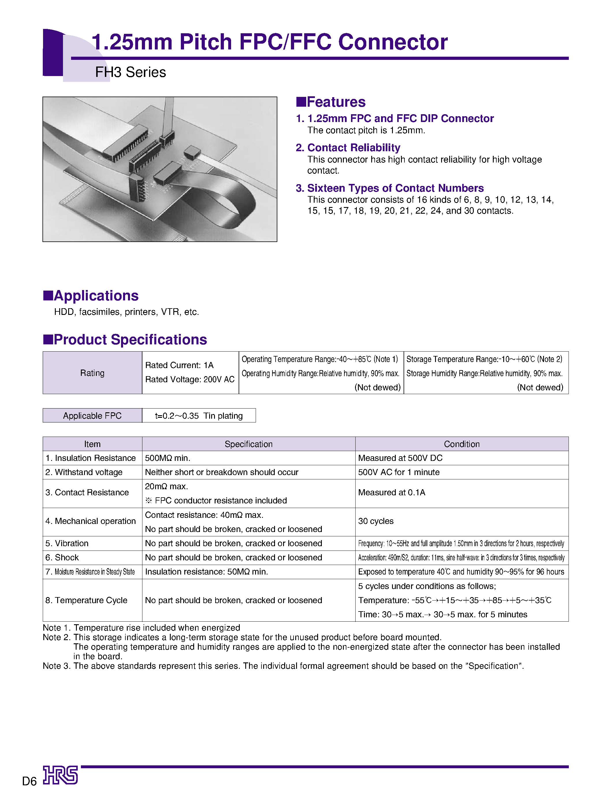 Даташит FH3-04S-1.25DS - 1.25mm Pitch FPC/FFC Connector страница 1