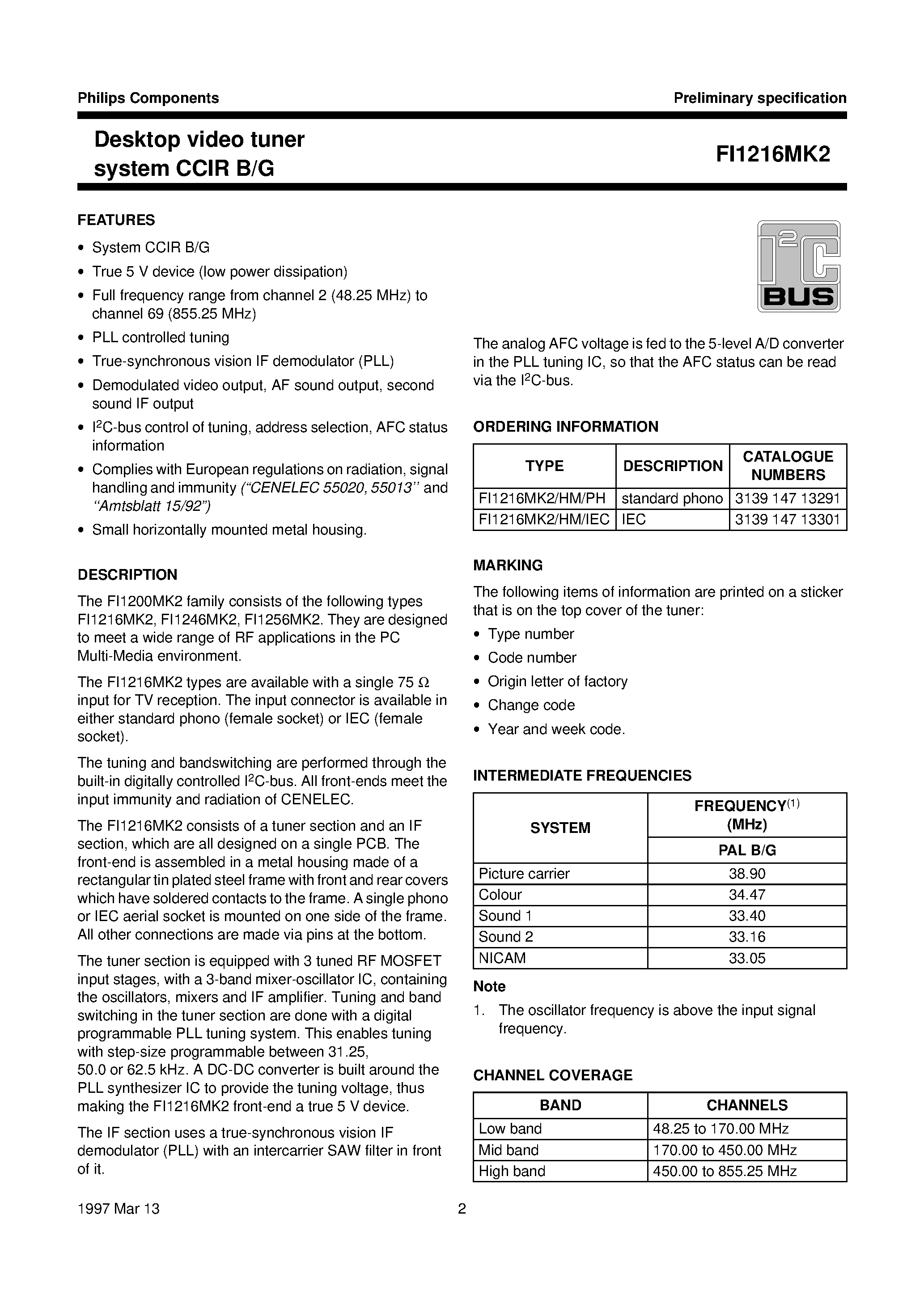 Даташит FI1216MK2/HM/IEC - Desktop video tuner system CCIR B/G страница 2