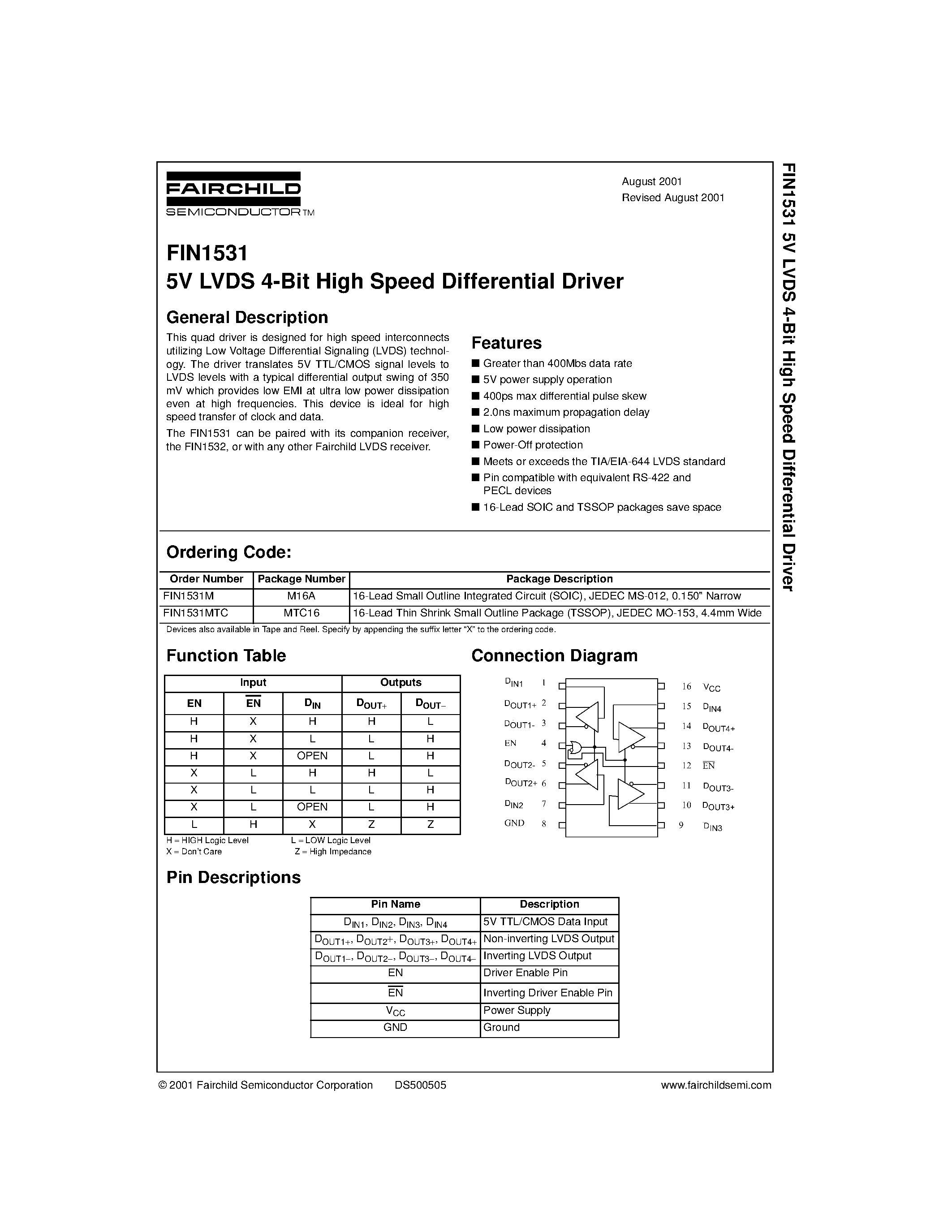 Даташит FIN1531 - 5V LVDS 4-Bit High Speed Differential Driver страница 1