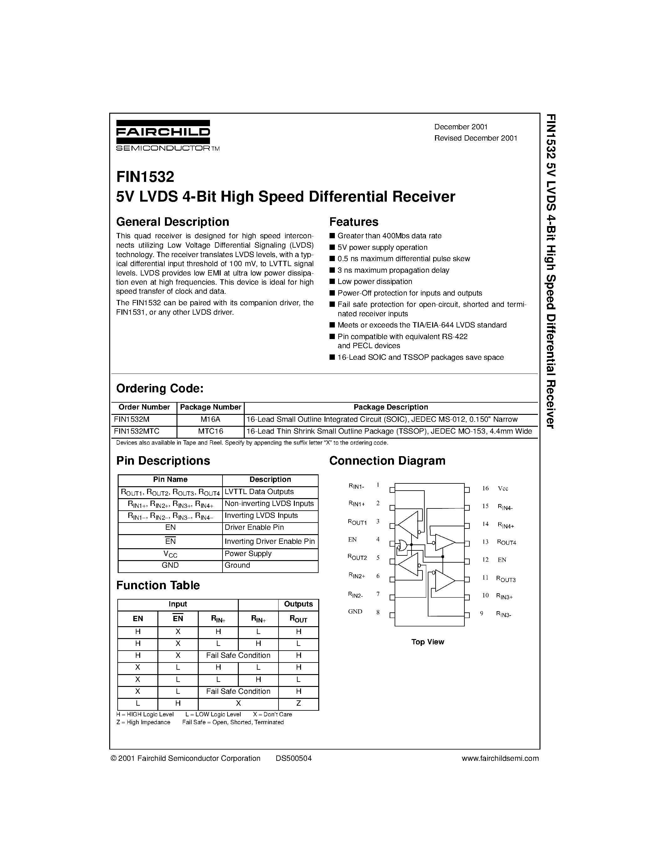 Даташит FIN1532MTC - 5V LVDS 4-Bit High Speed Differential Receiver страница 1