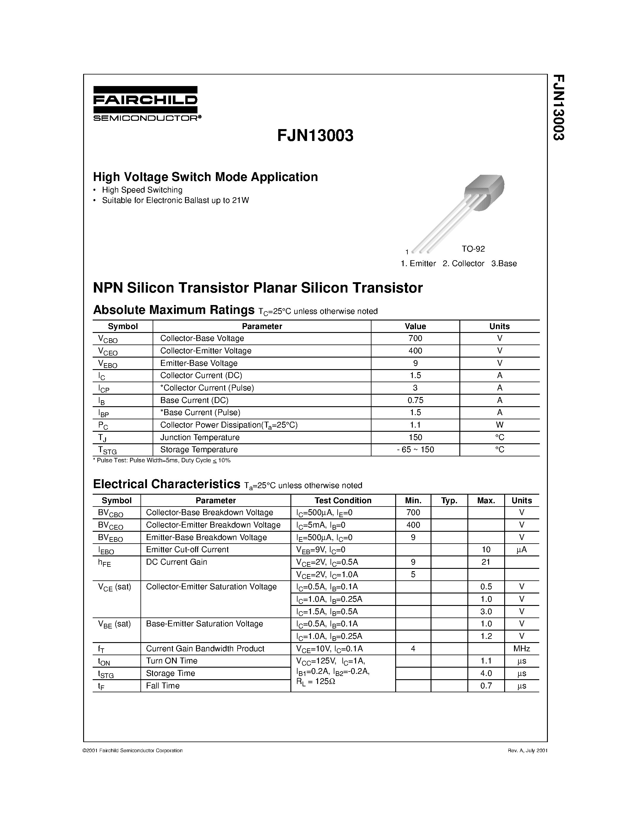 Даташит FJN13003 - NPN Silicon Transistor Planar Silicon Transistor страница 1