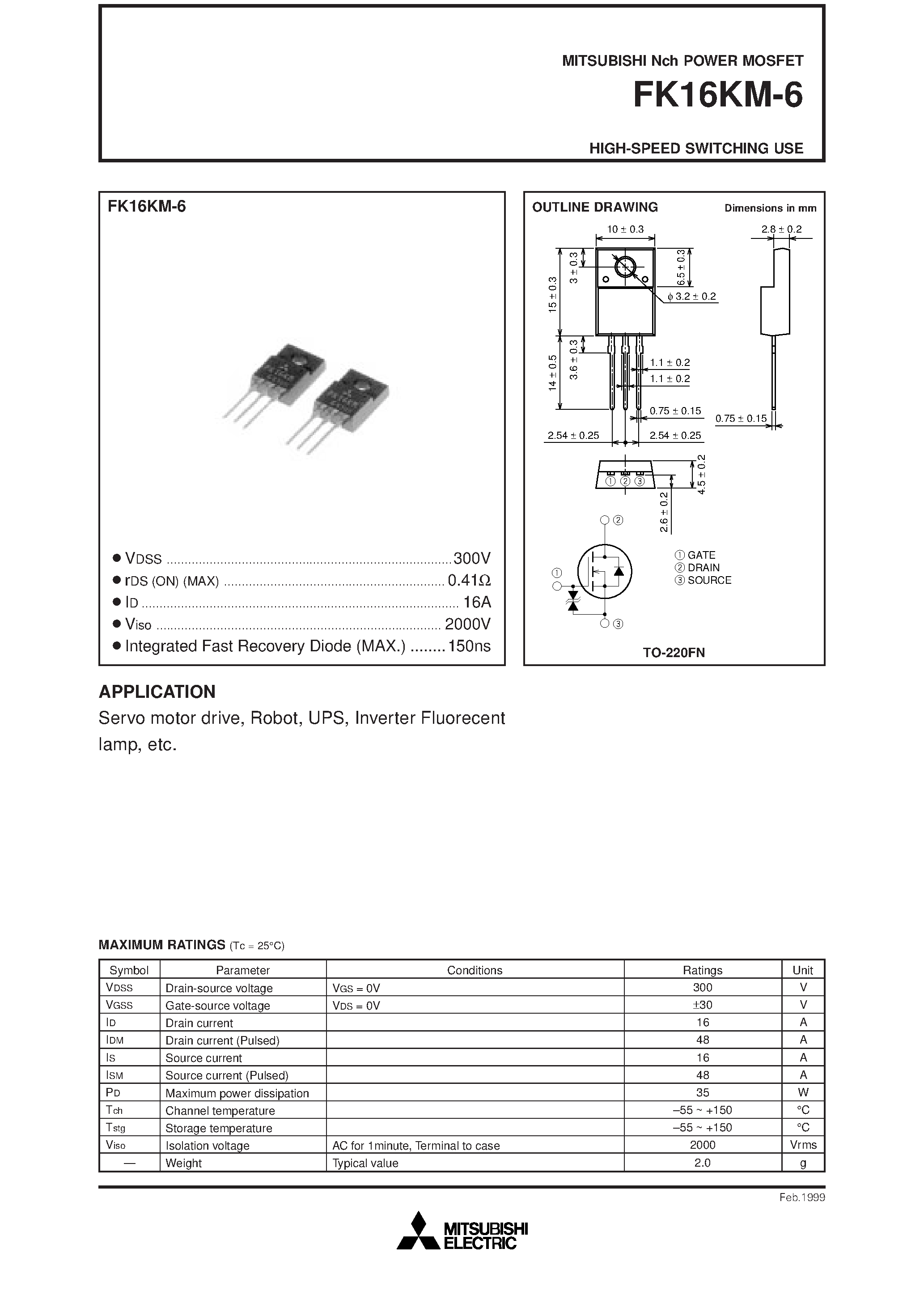 Даташит FK16KM-6 - HIGH-SPEED SWITCHING USE страница 1