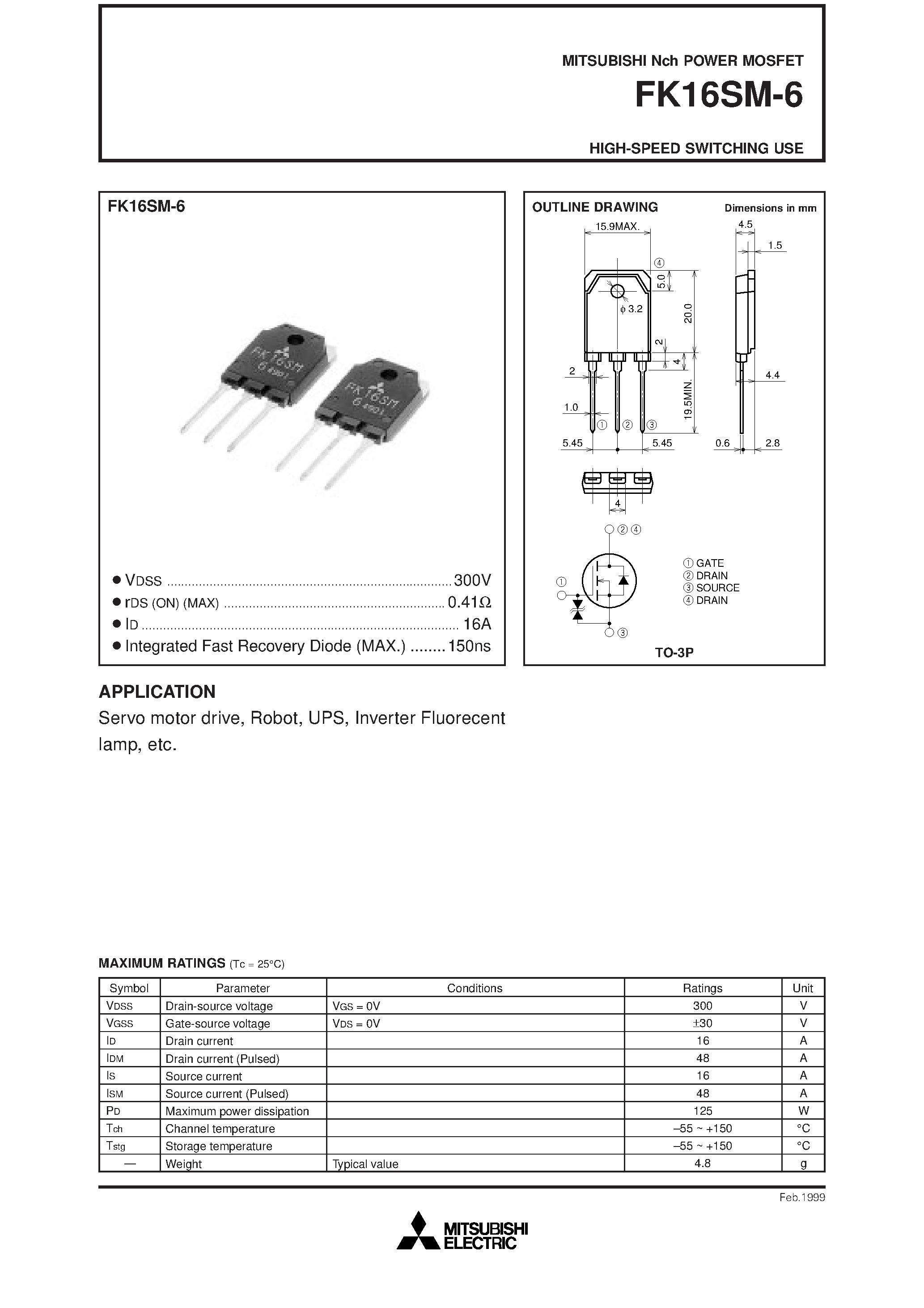 Даташит FK16SM-6 - HIGH-SPEED SWITCHING USE страница 1