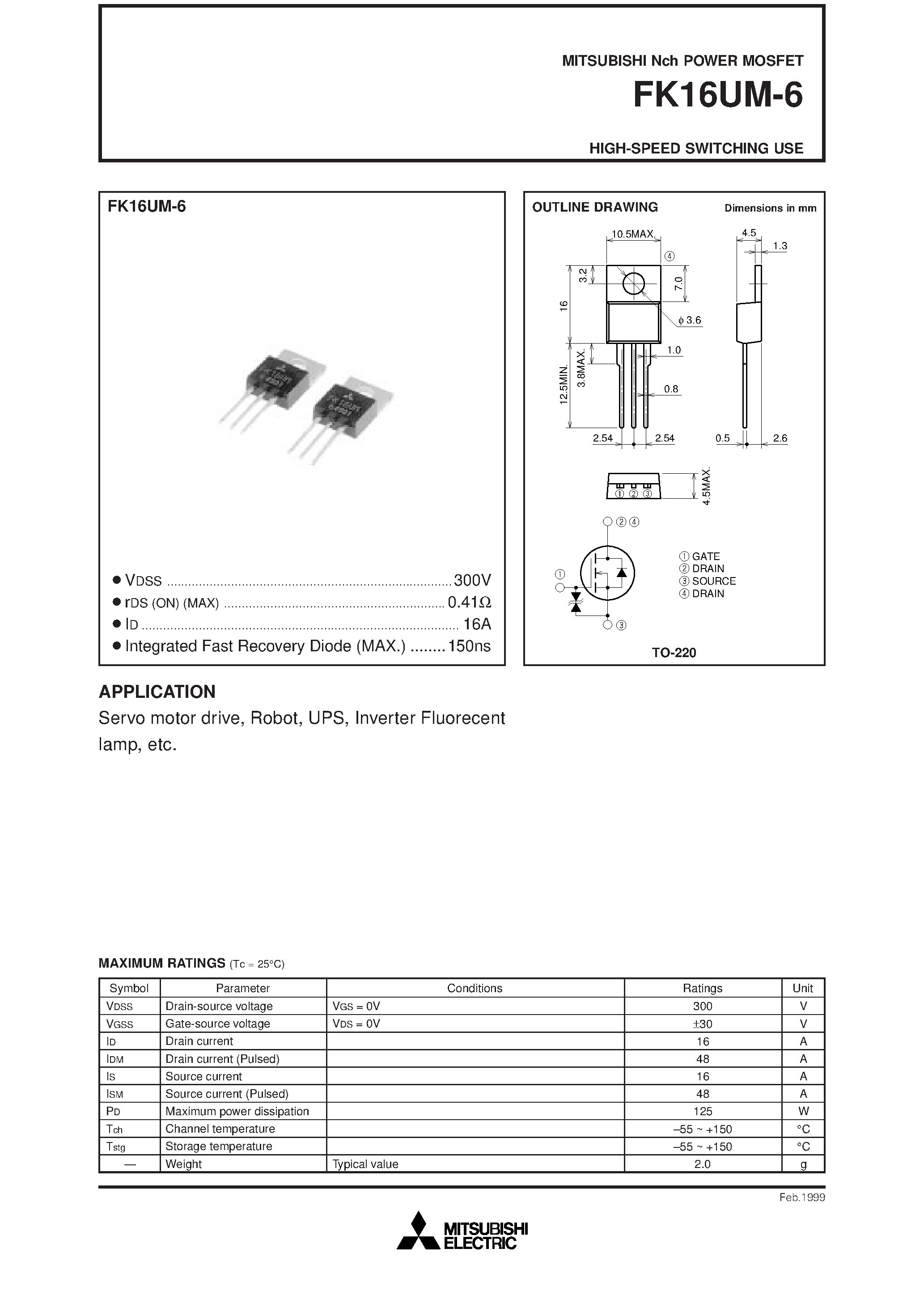 Даташит FK16UM-6 - HIGH-SPEED SWITCHING USE страница 1